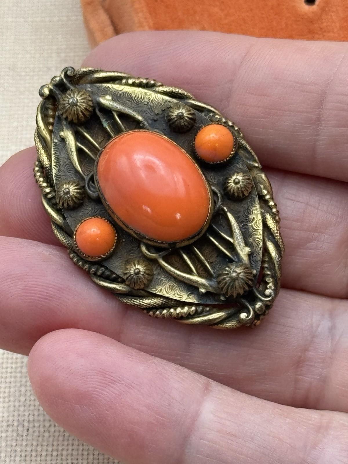Vintage Brooch Orange Glass Cabochon Goldtone Rope Twist Frame 1930s