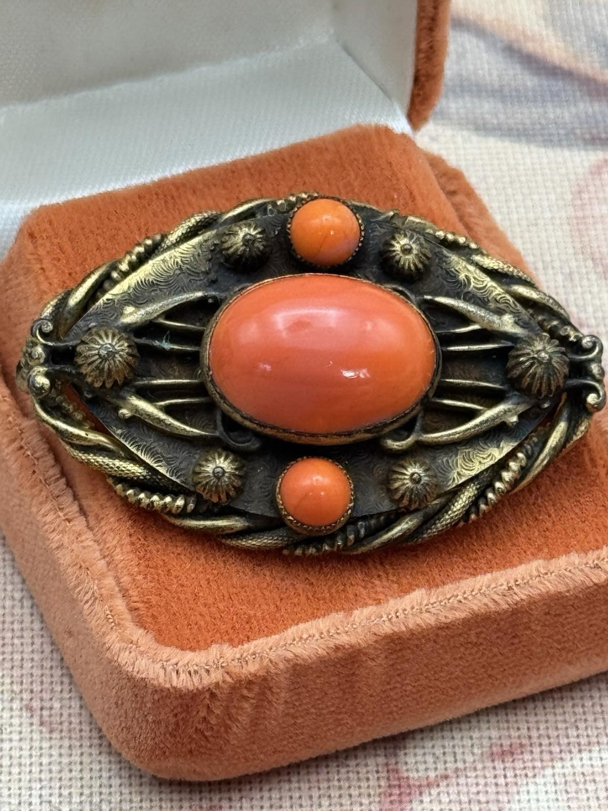 Vintage Brooch Orange Glass Cabochon Goldtone Rope Twist Frame 1930s