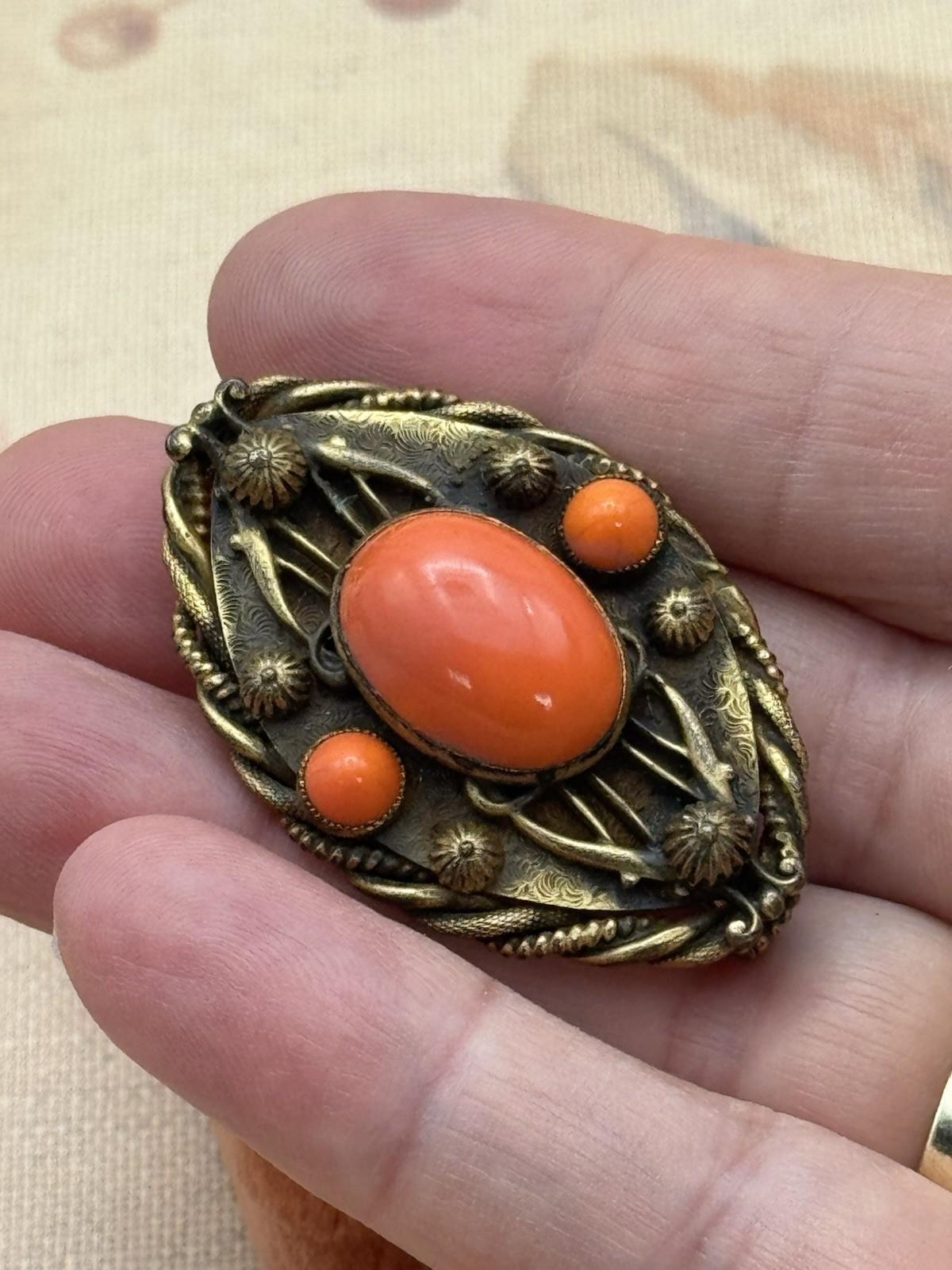 Vintage Brooch Orange Glass Cabochon Goldtone Rope Twist Frame 1930s