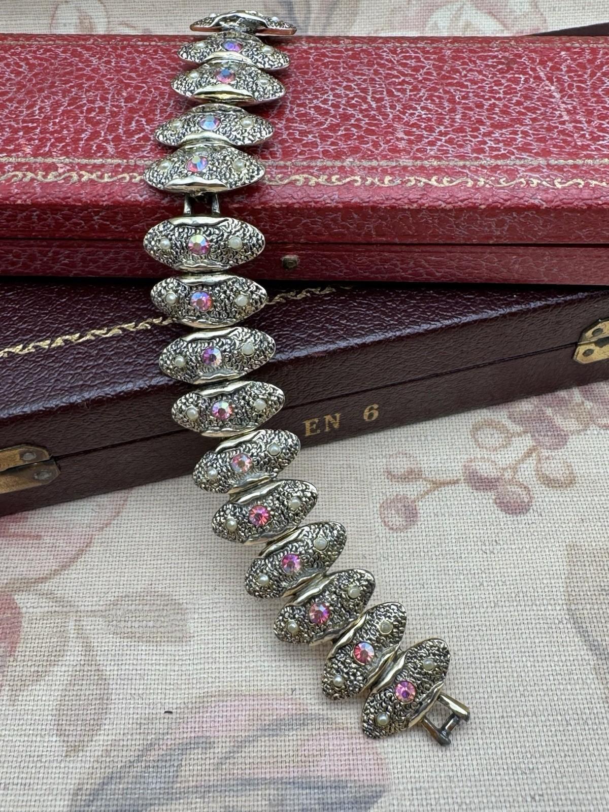 Vintage Judy Lee Bracelet – 7” Aurora Borealis Rhinestones & Faux Pearls