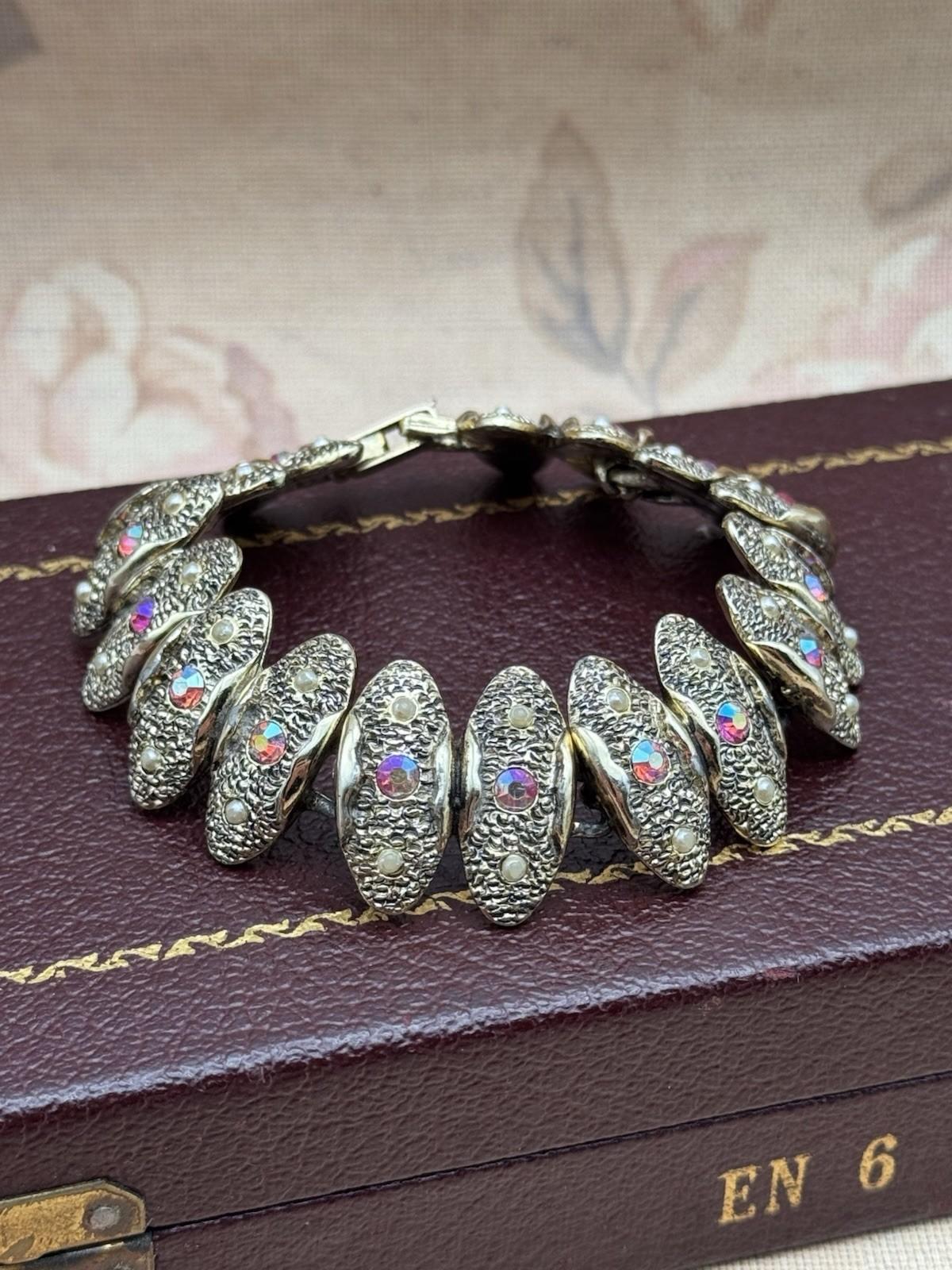 Vintage Judy Lee Bracelet – 7” Aurora Borealis Rhinestones & Faux Pearls