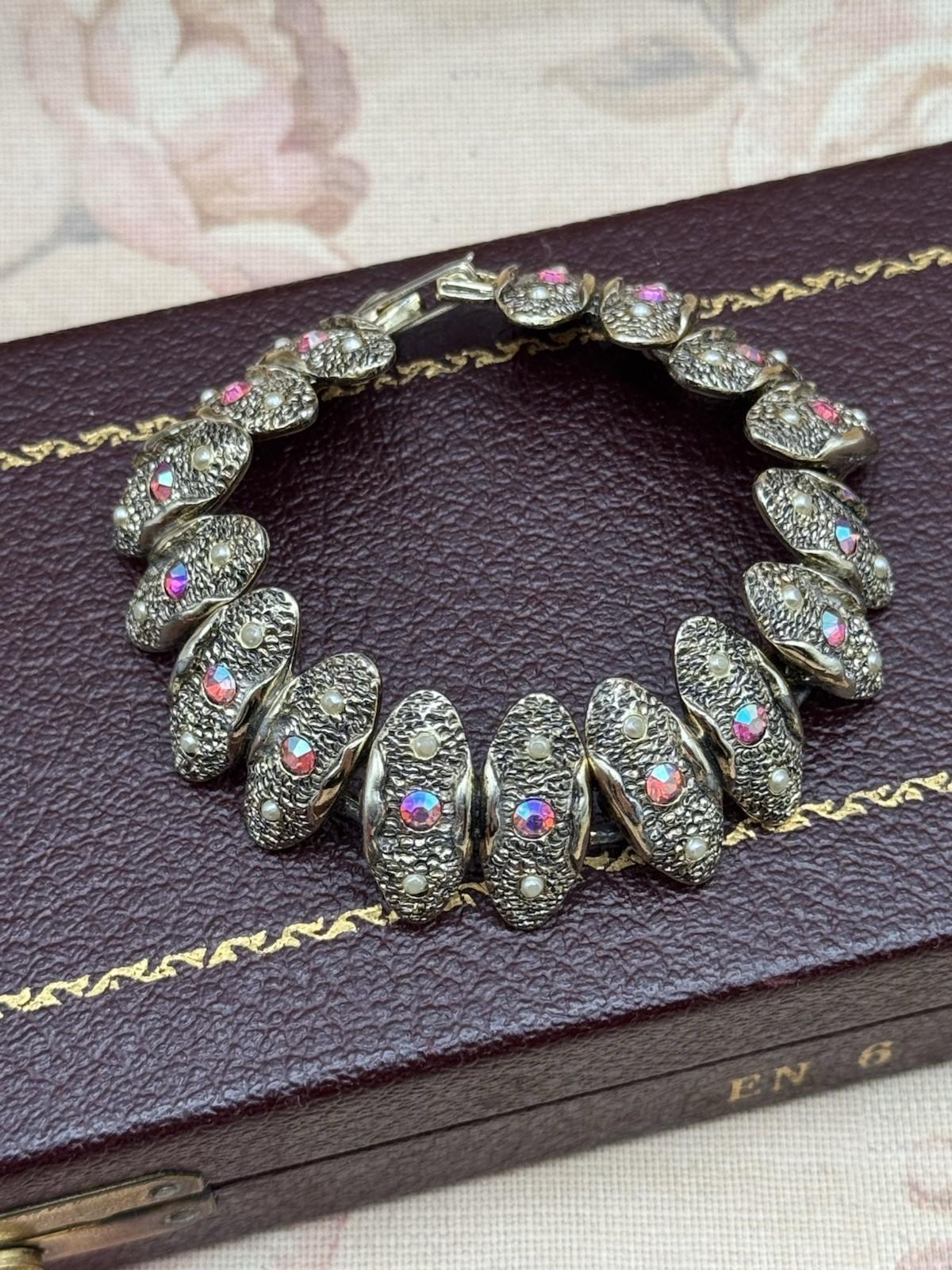 Vintage Judy Lee Bracelet – 7” Aurora Borealis Rhinestones & Faux Pearls