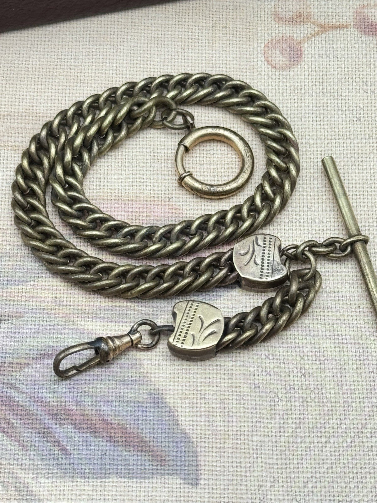Antique Victorian T-Bar Watch Chain – 12.25” Curb Link with Shield Stations