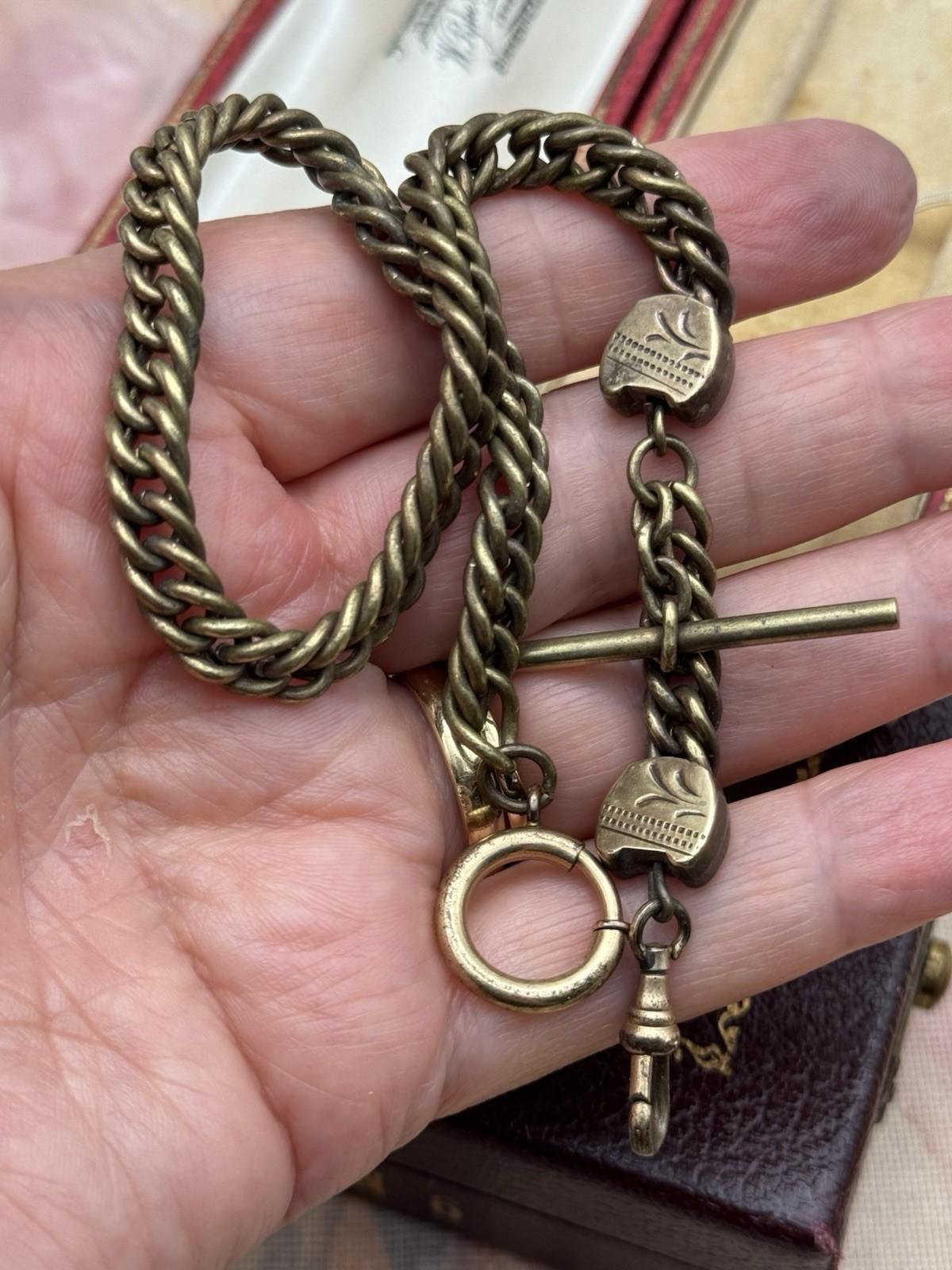 Antique Victorian T-Bar Watch Chain – 12.25” Curb Link with Shield Stations