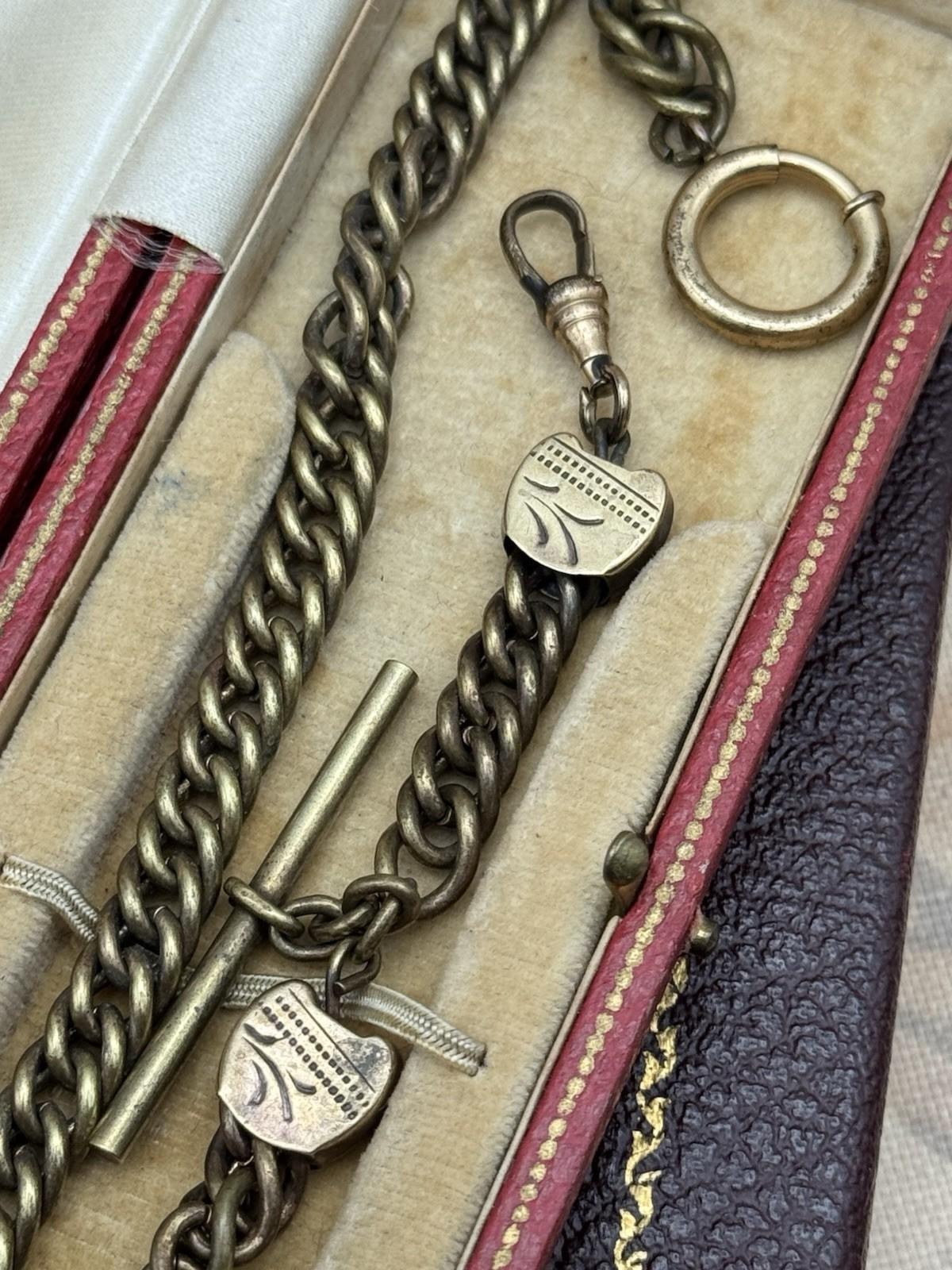 Antique Victorian T-Bar Watch Chain – 12.25” Curb Link with Shield Stations