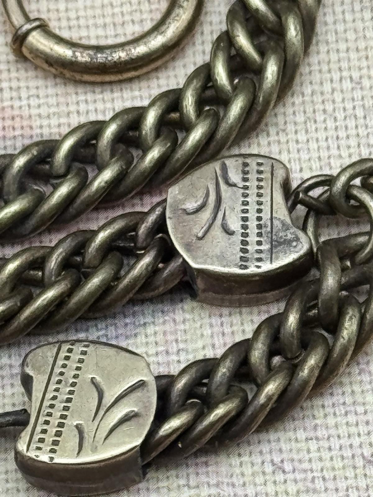 Antique Victorian T-Bar Watch Chain – 12.25” Curb Link with Shield Stations