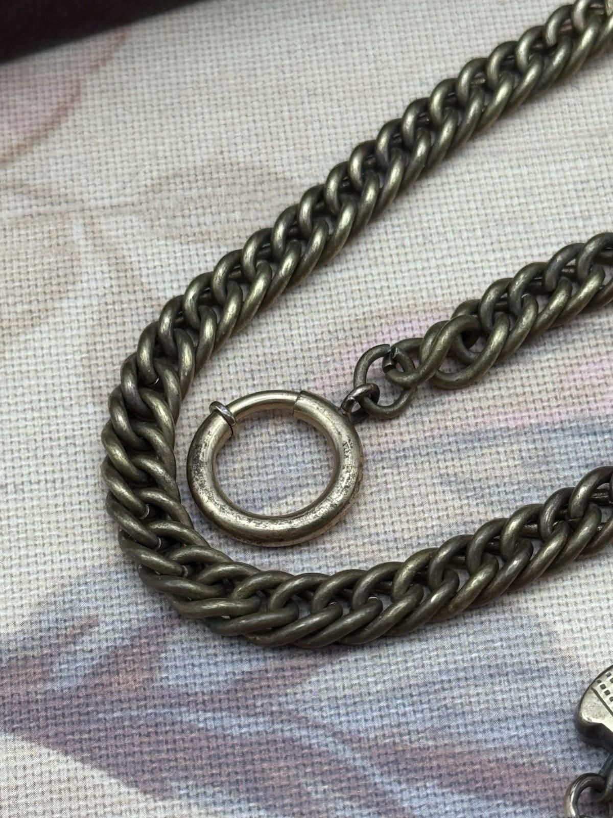 Antique Victorian T-Bar Watch Chain – 12.25” Curb Link with Shield Stations