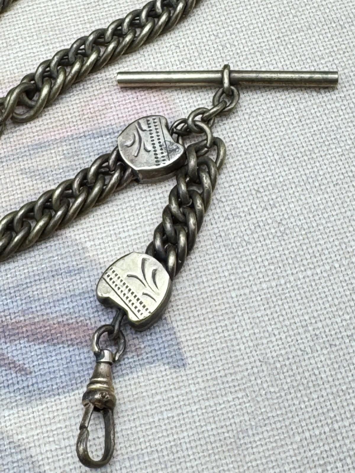 Antique Victorian T-Bar Watch Chain – 12.25” Curb Link with Shield Stations