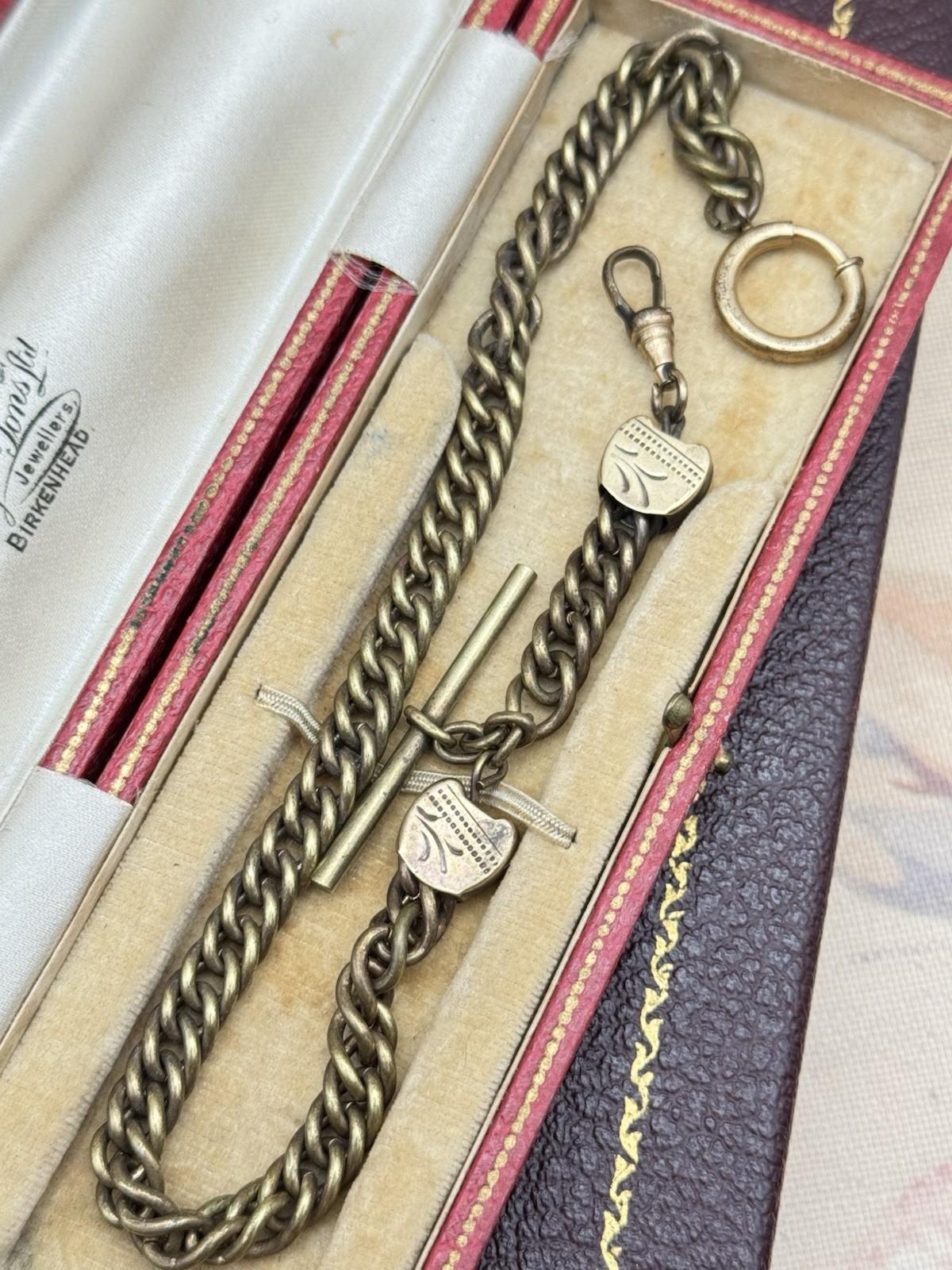 Antique Victorian T-Bar Watch Chain – 12.25” Curb Link with Shield Stations
