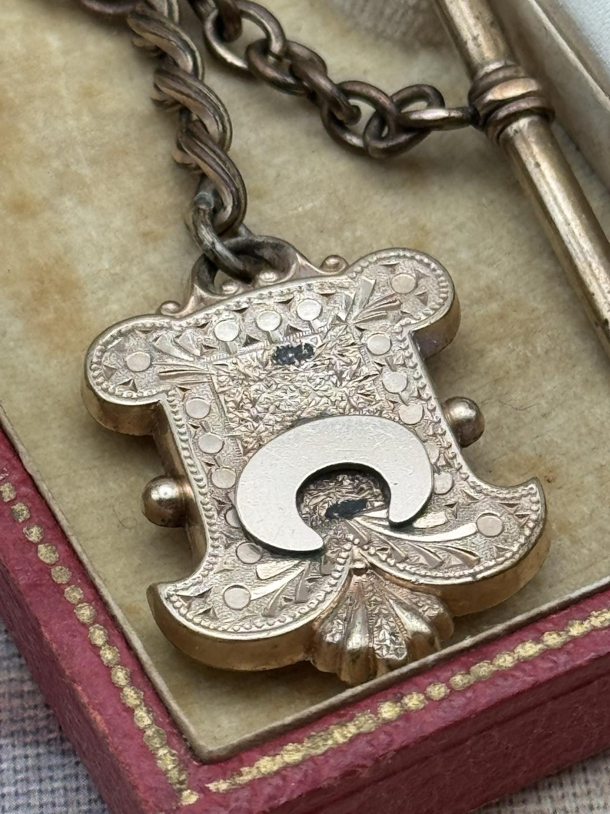Antique Victorian T-Bar Watch Chain with Ornate Locket – 12.5” Length