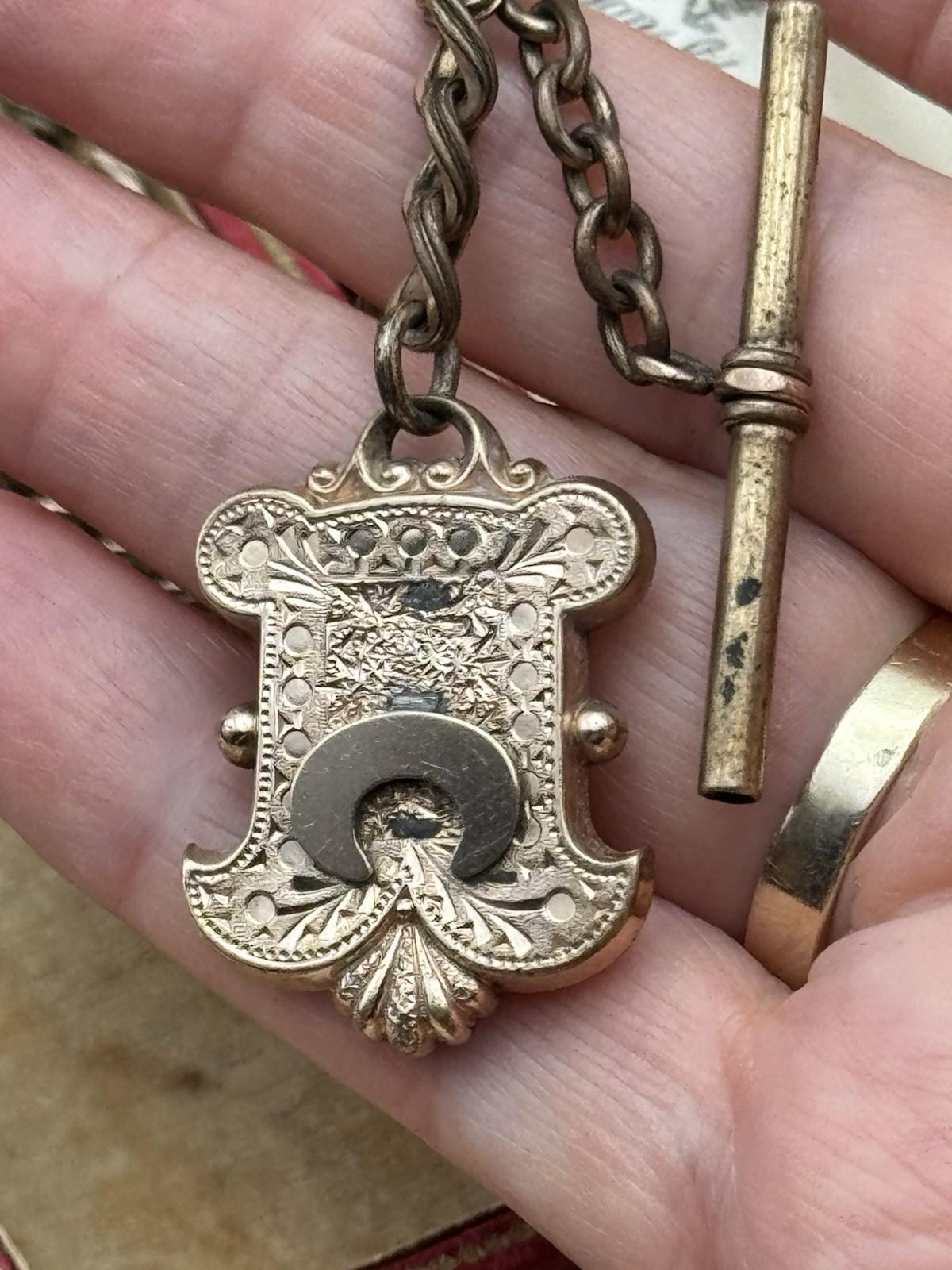 Antique Victorian T-Bar Watch Chain with Ornate Locket – 12.5” Length
