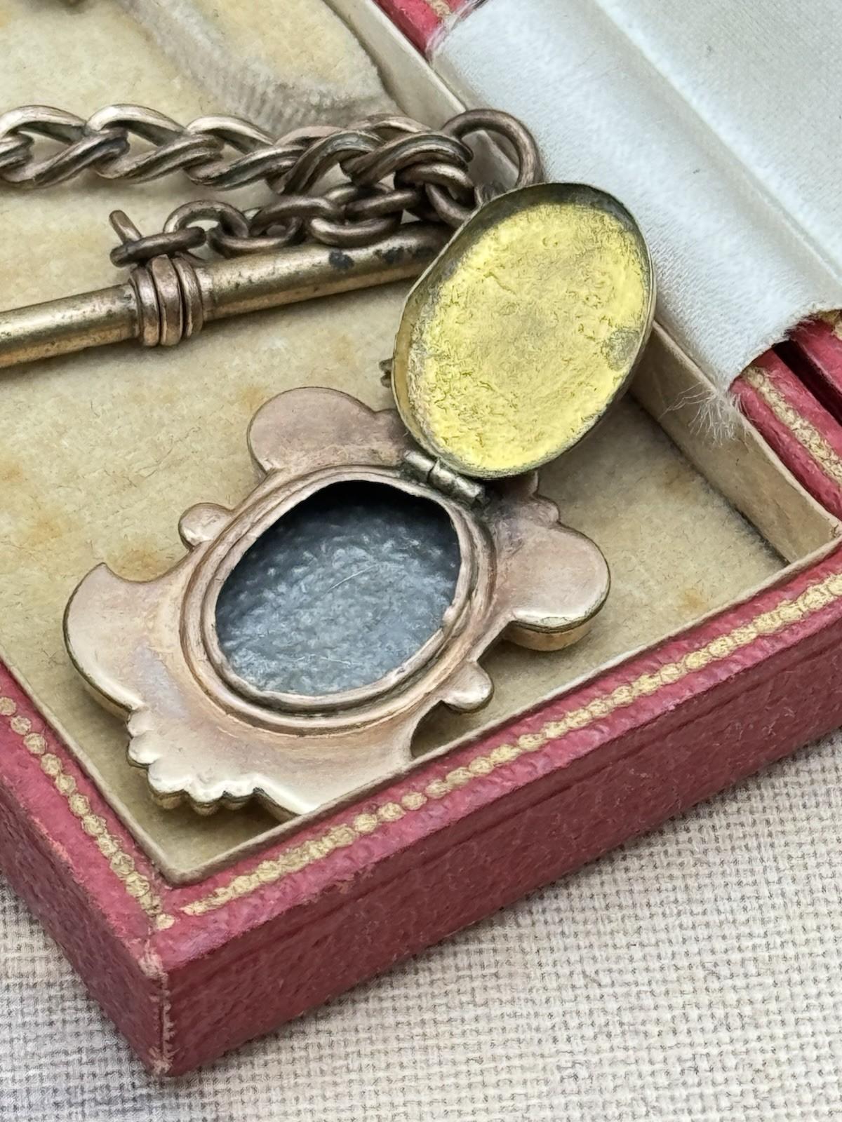 Antique Victorian T-Bar Watch Chain with Ornate Locket – 12.5” Length