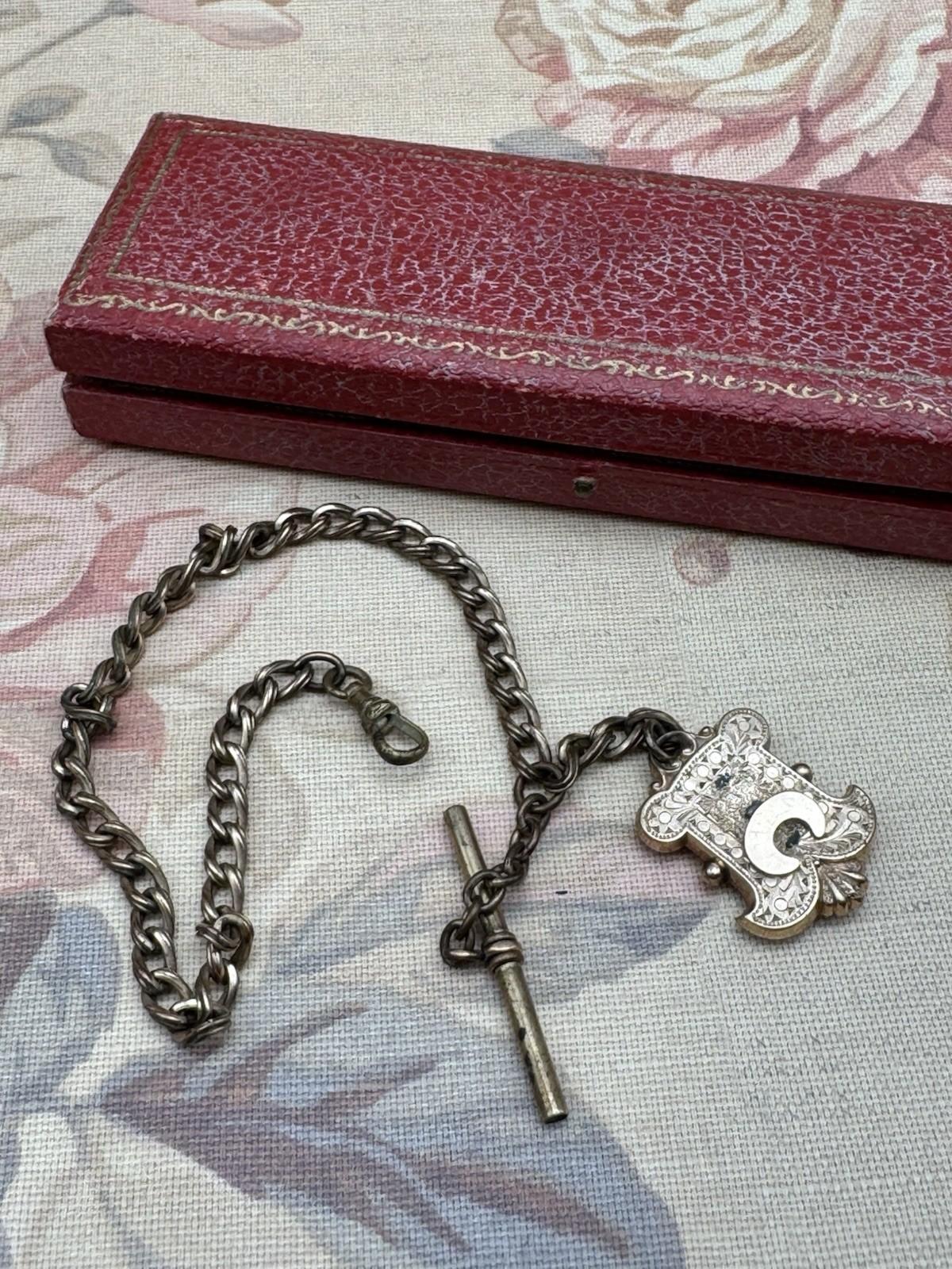 Antique Victorian T-Bar Watch Chain with Ornate Locket – 12.5” Length