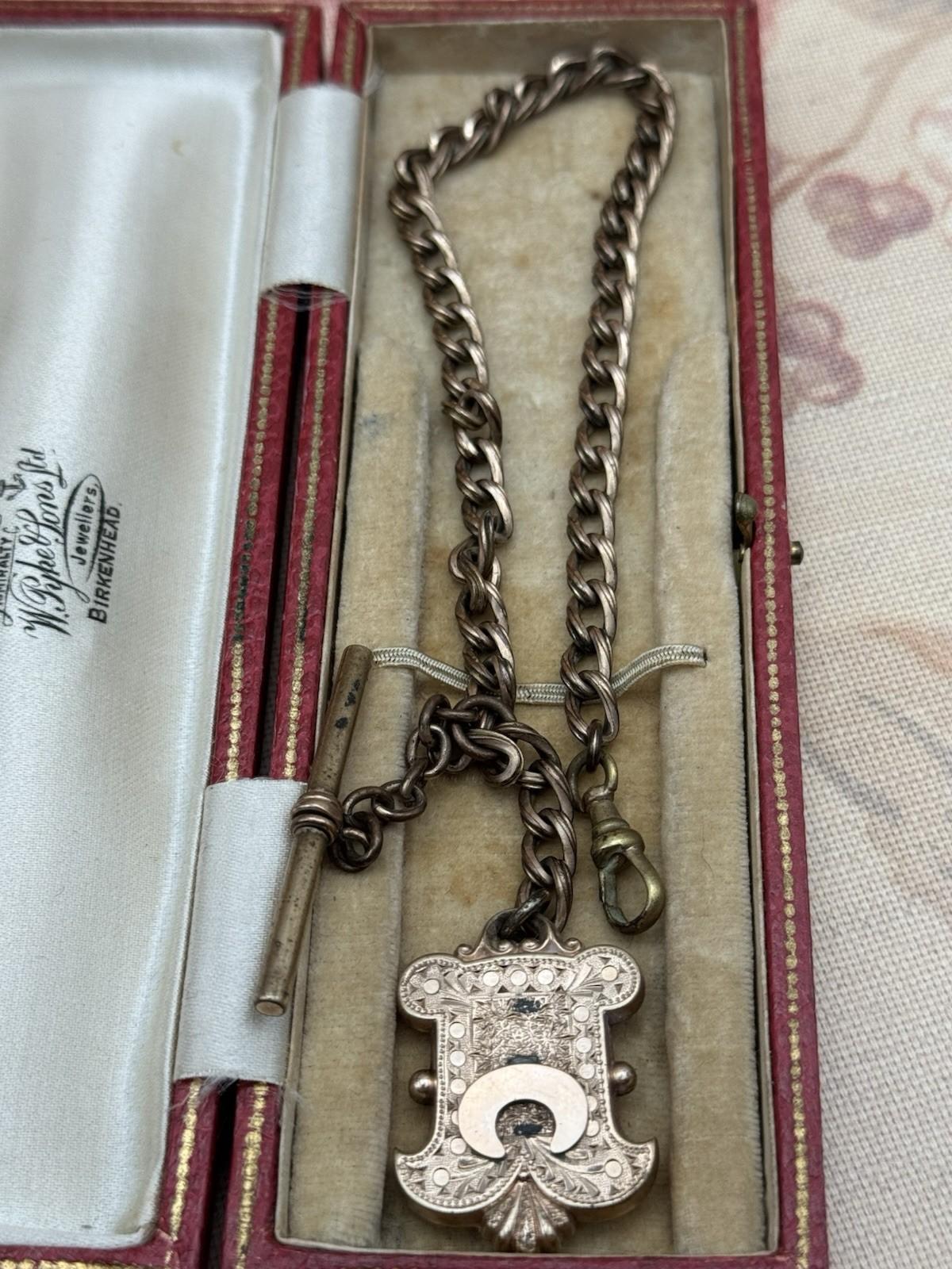 Antique Victorian T-Bar Watch Chain with Ornate Locket – 12.5” Length