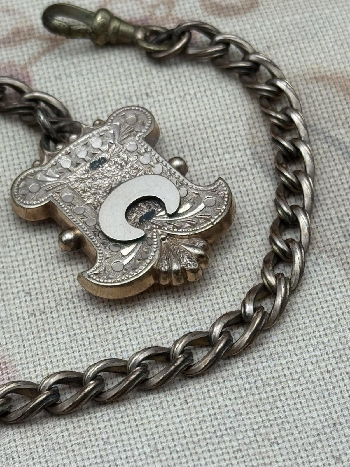 Antique Victorian T-Bar Watch Chain with Ornate Locket – 12.5” Length