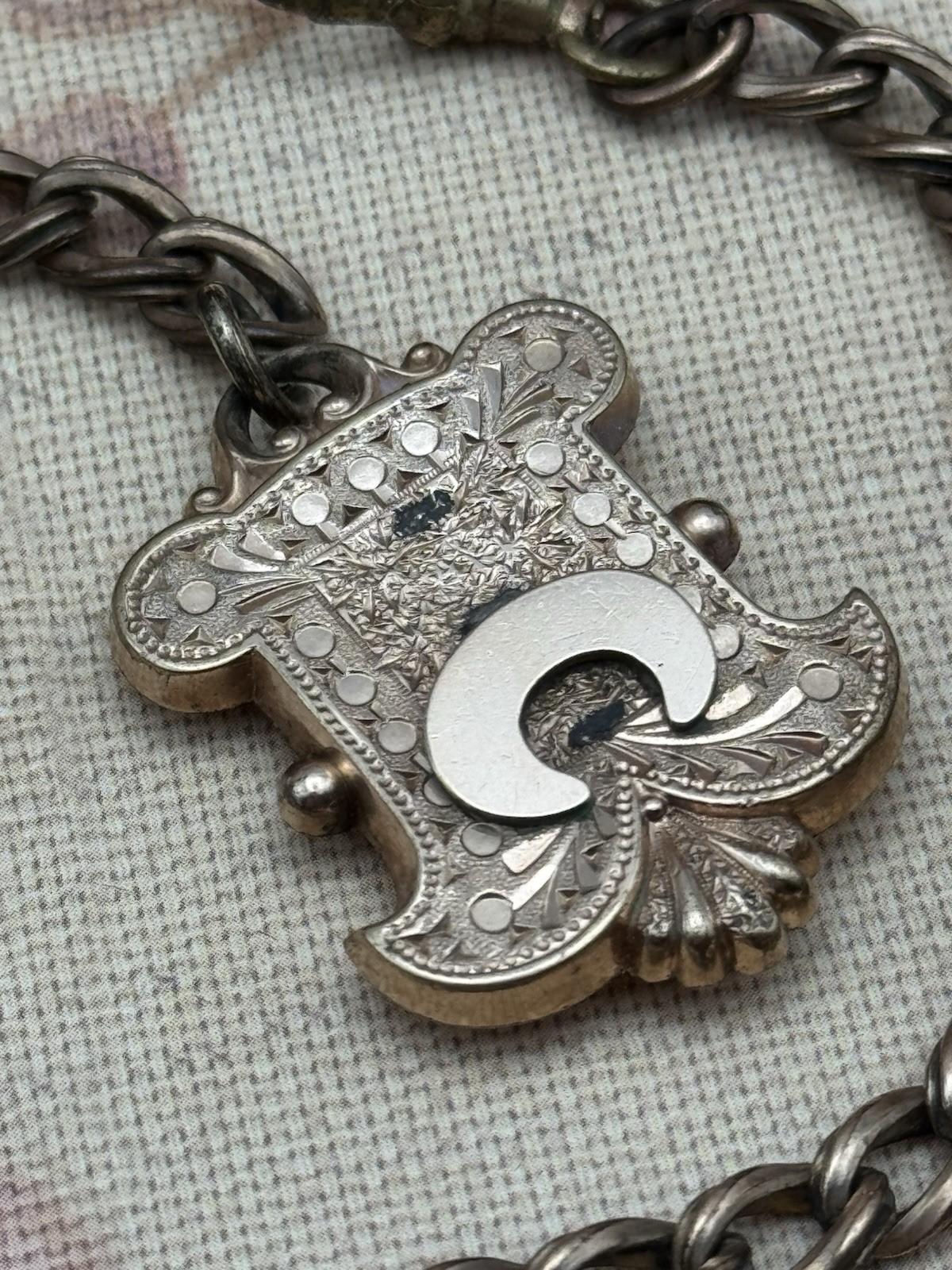 Antique Victorian T-Bar Watch Chain with Ornate Locket – 12.5” Length