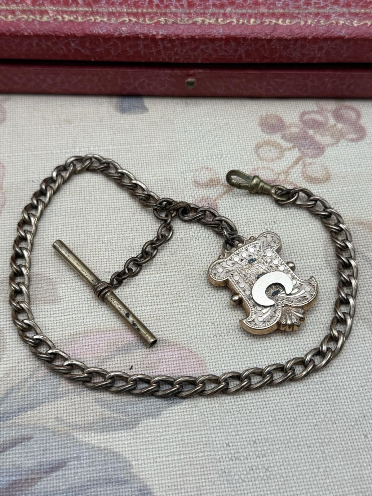 Antique Victorian T-Bar Watch Chain with Ornate Locket – 12.5” Length