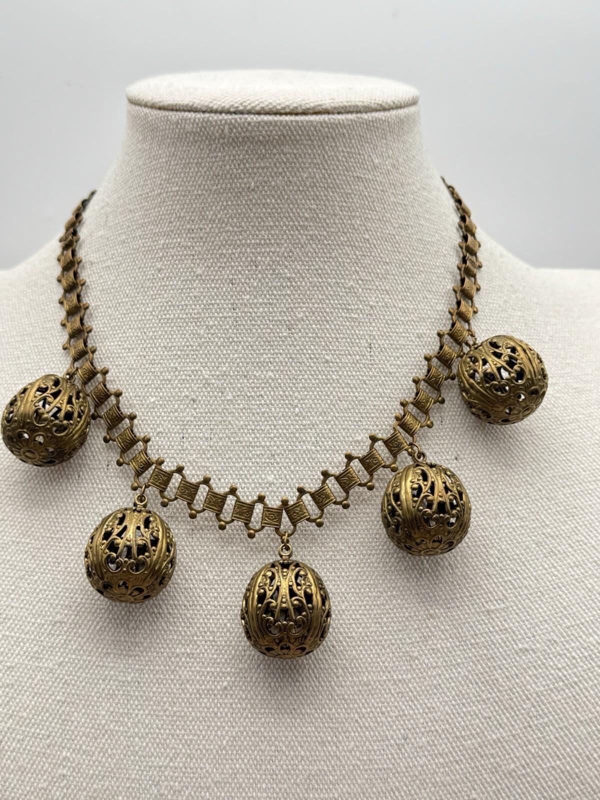 Victorian Revival Bookchain Necklace Brass Filigree Ball Drop Antique Jewelry