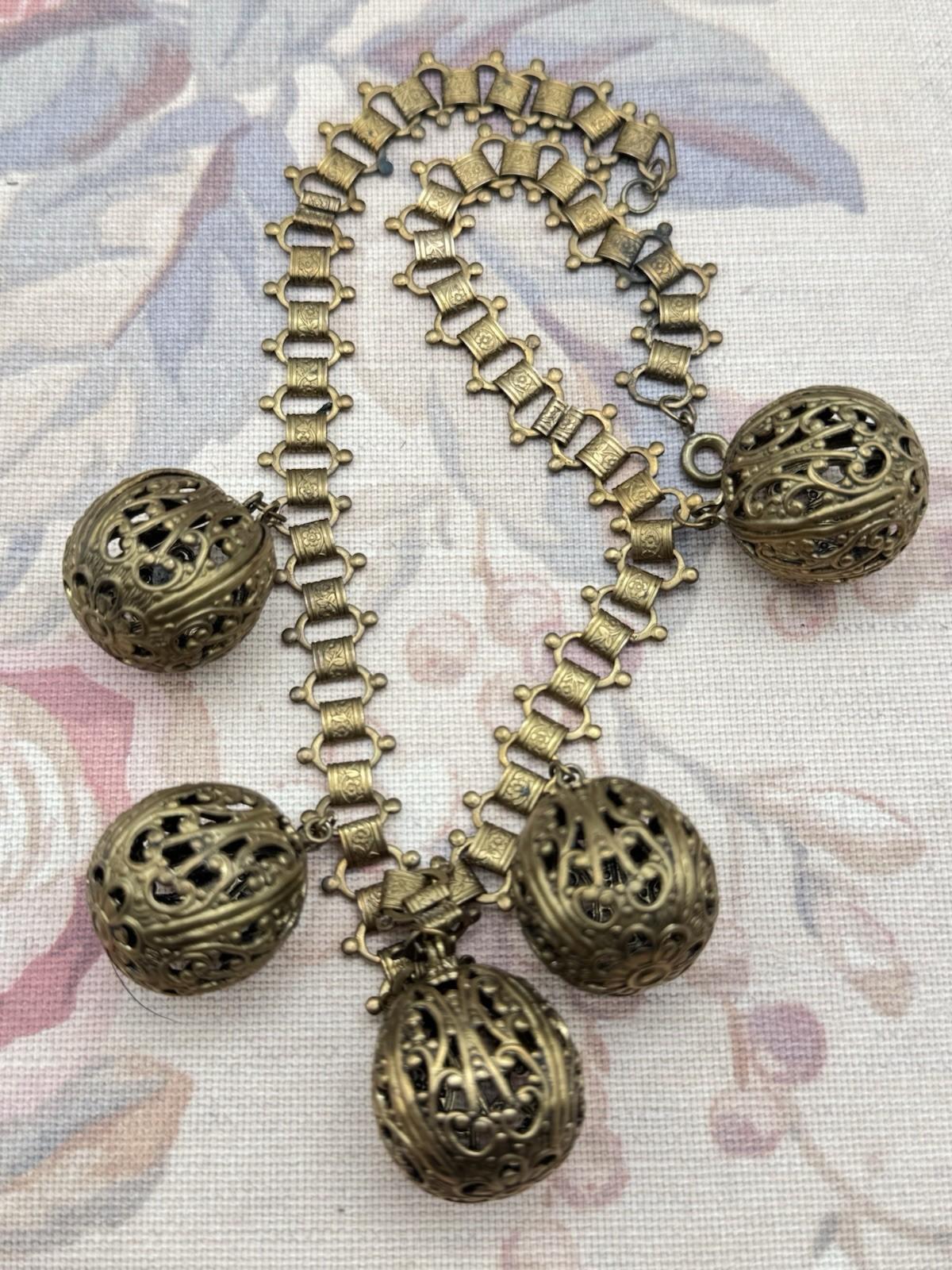 Victorian Revival Bookchain Necklace Brass Filigree Ball Drop Antique Jewelry