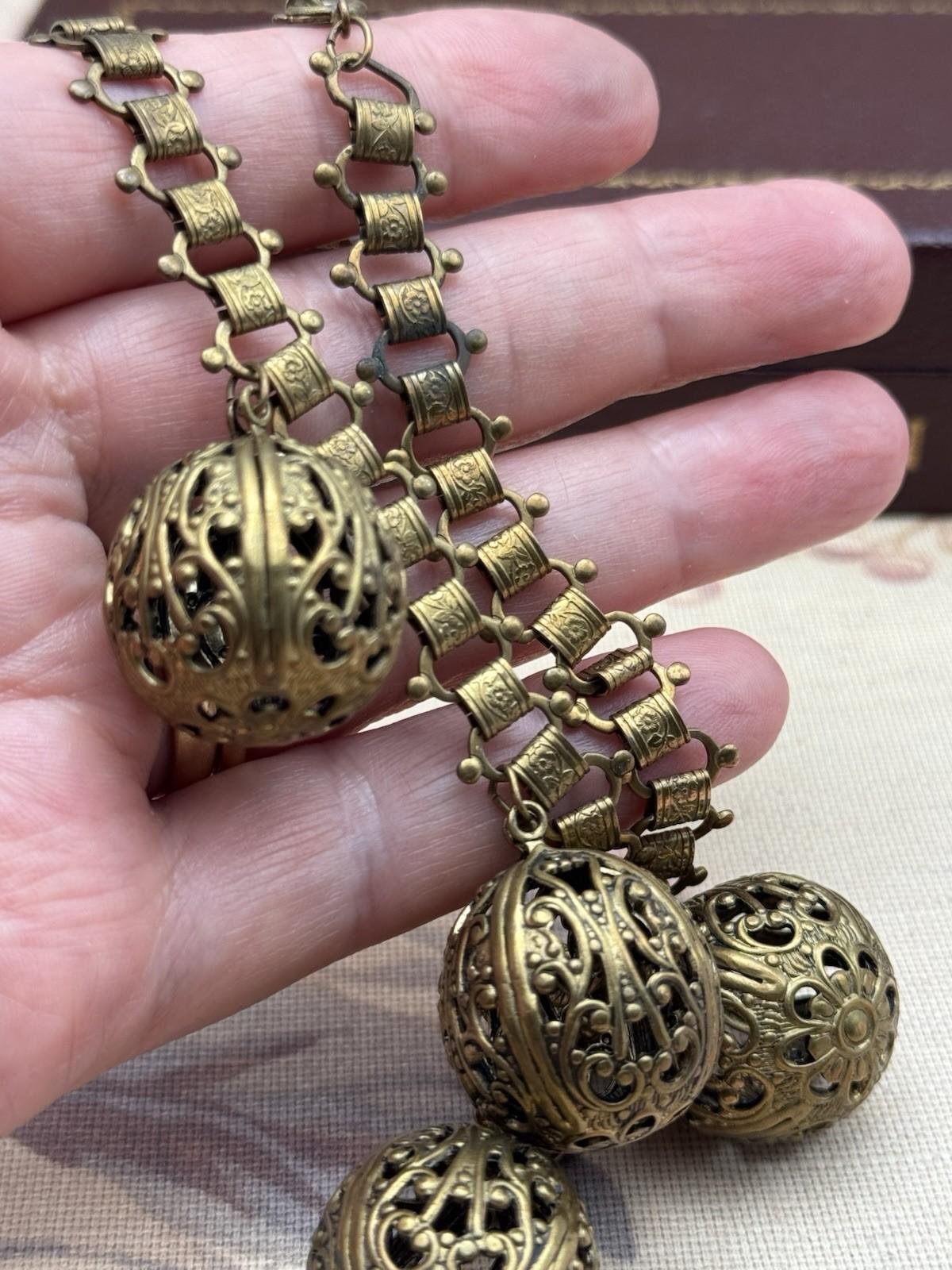Victorian Revival Bookchain Necklace Brass Filigree Ball Drop Antique Jewelry