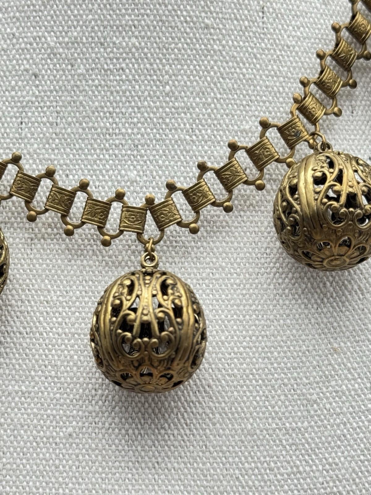 Victorian Revival Bookchain Necklace Brass Filigree Ball Drop Antique Jewelry