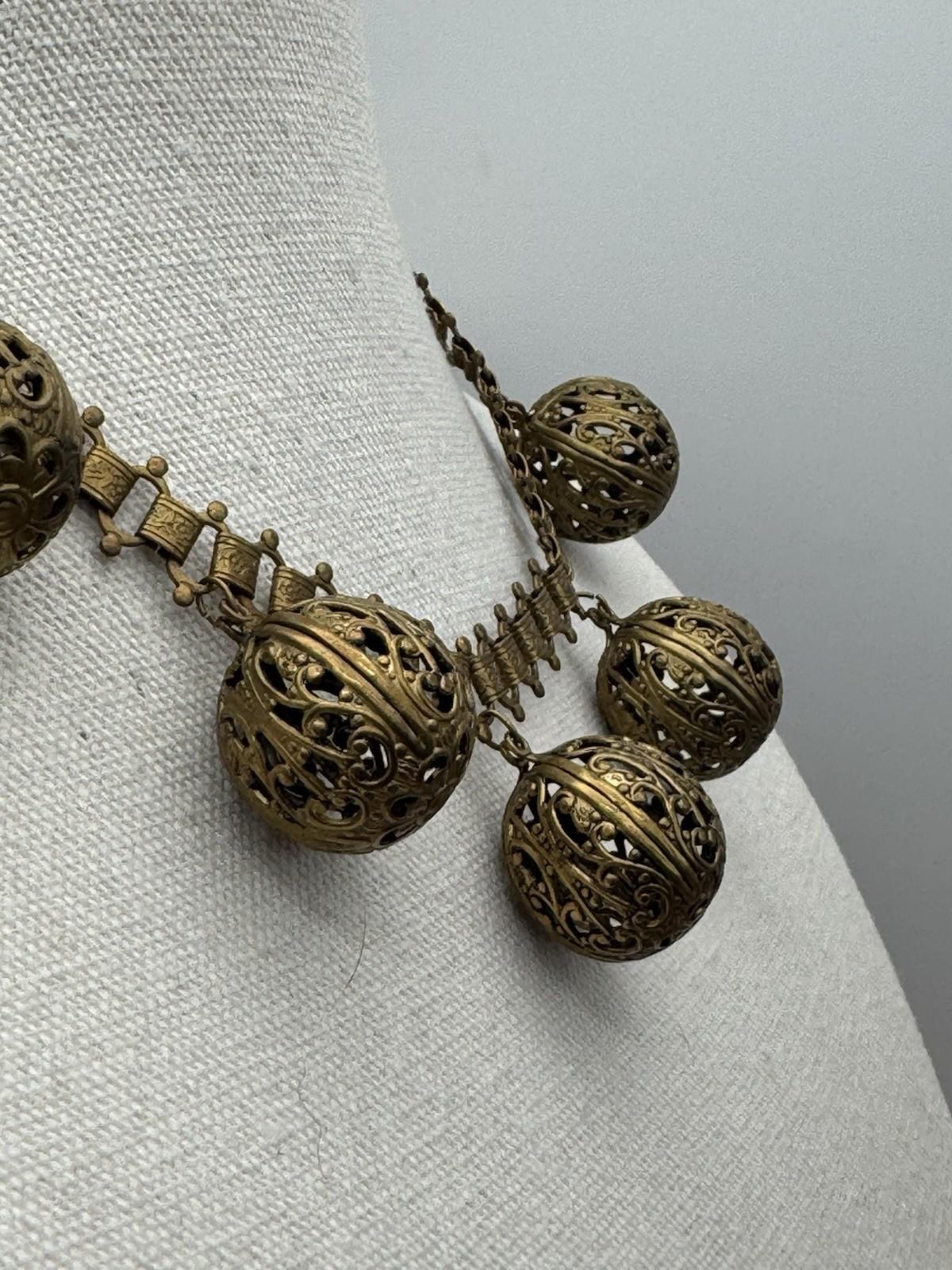 Victorian Revival Bookchain Necklace Brass Filigree Ball Drop Antique Jewelry