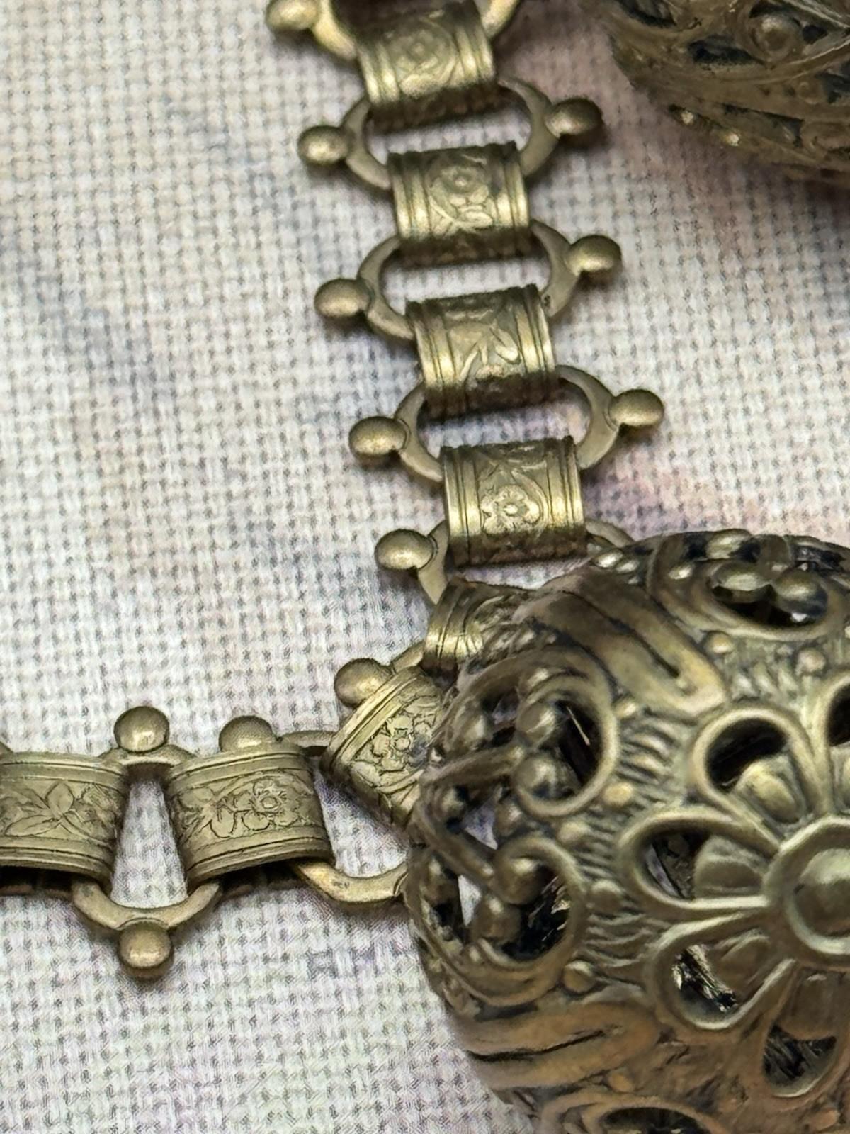 Victorian Revival Bookchain Necklace Brass Filigree Ball Drop Antique Jewelry