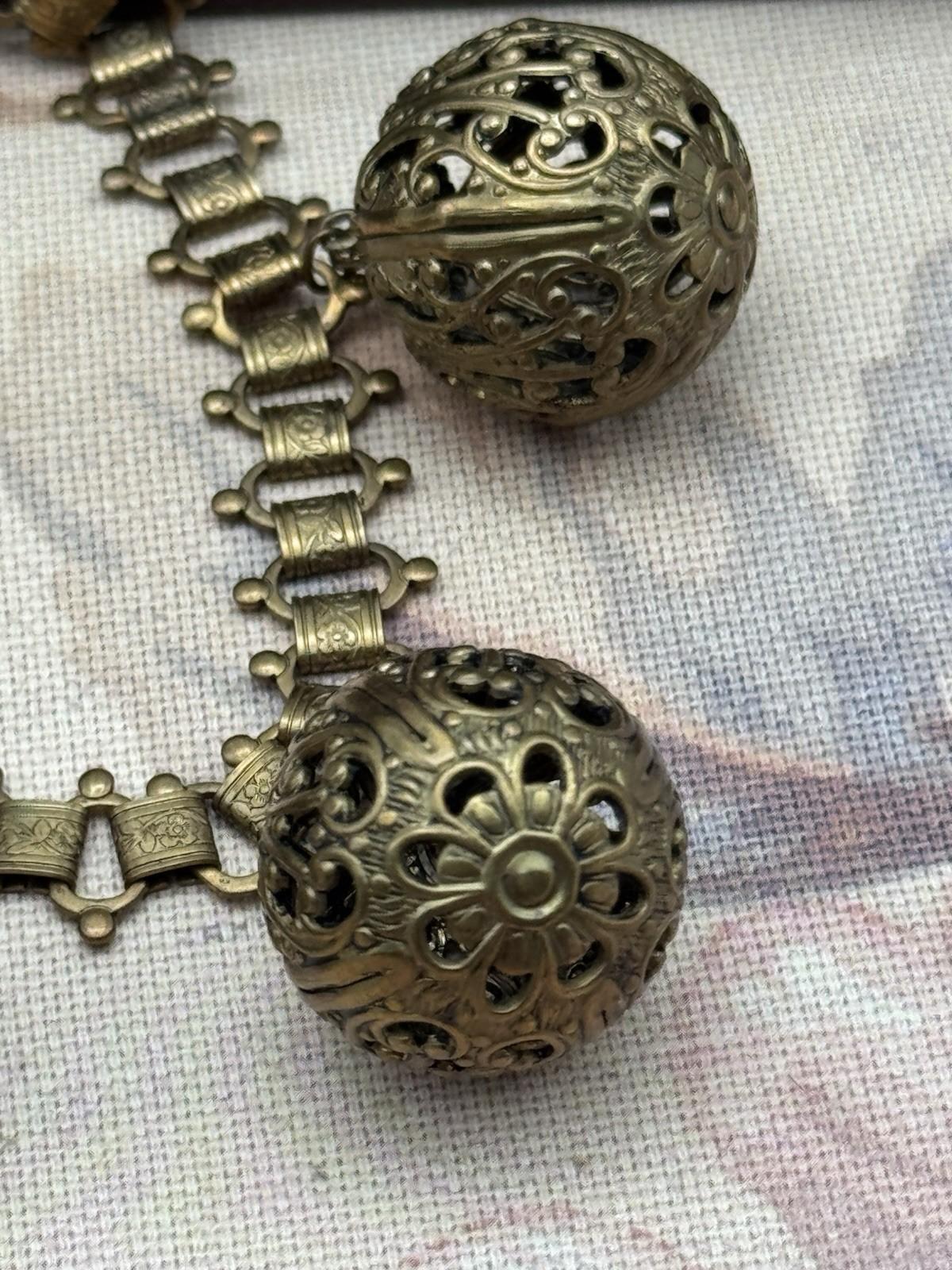 Victorian Revival Bookchain Necklace Brass Filigree Ball Drop Antique Jewelry