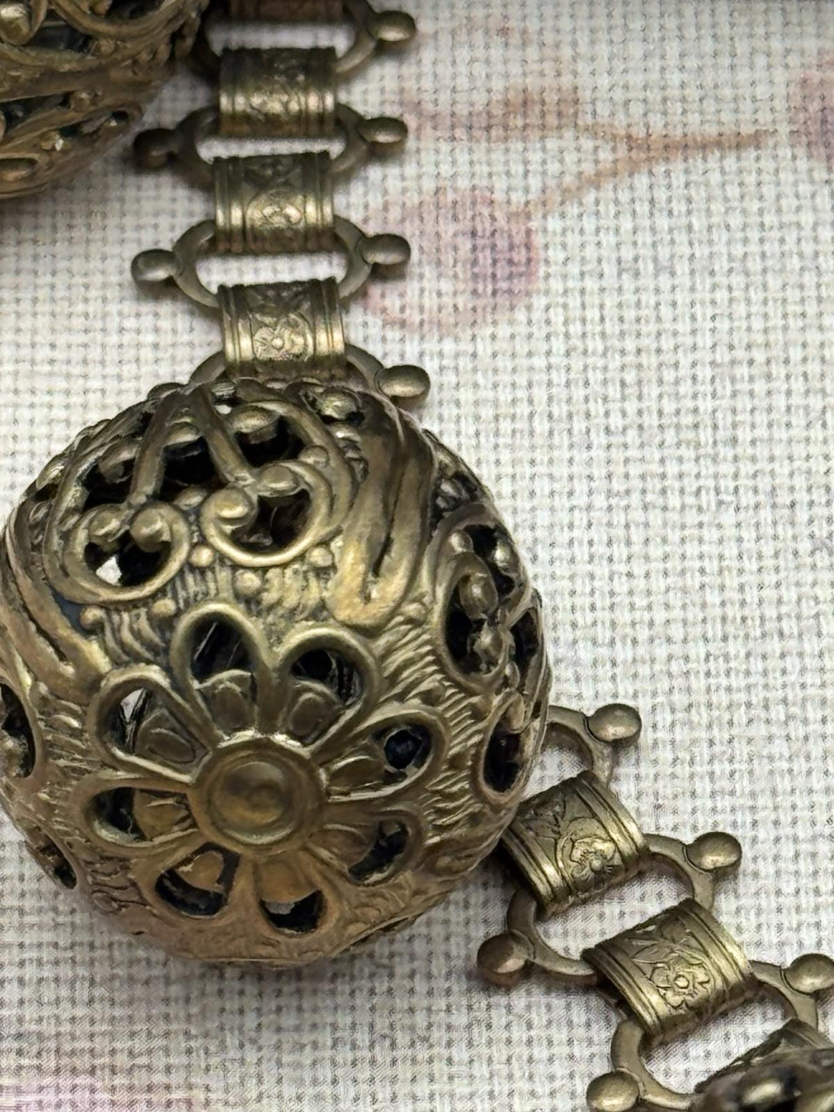 Victorian Revival Bookchain Necklace Brass Filigree Ball Drop Antique Jewelry