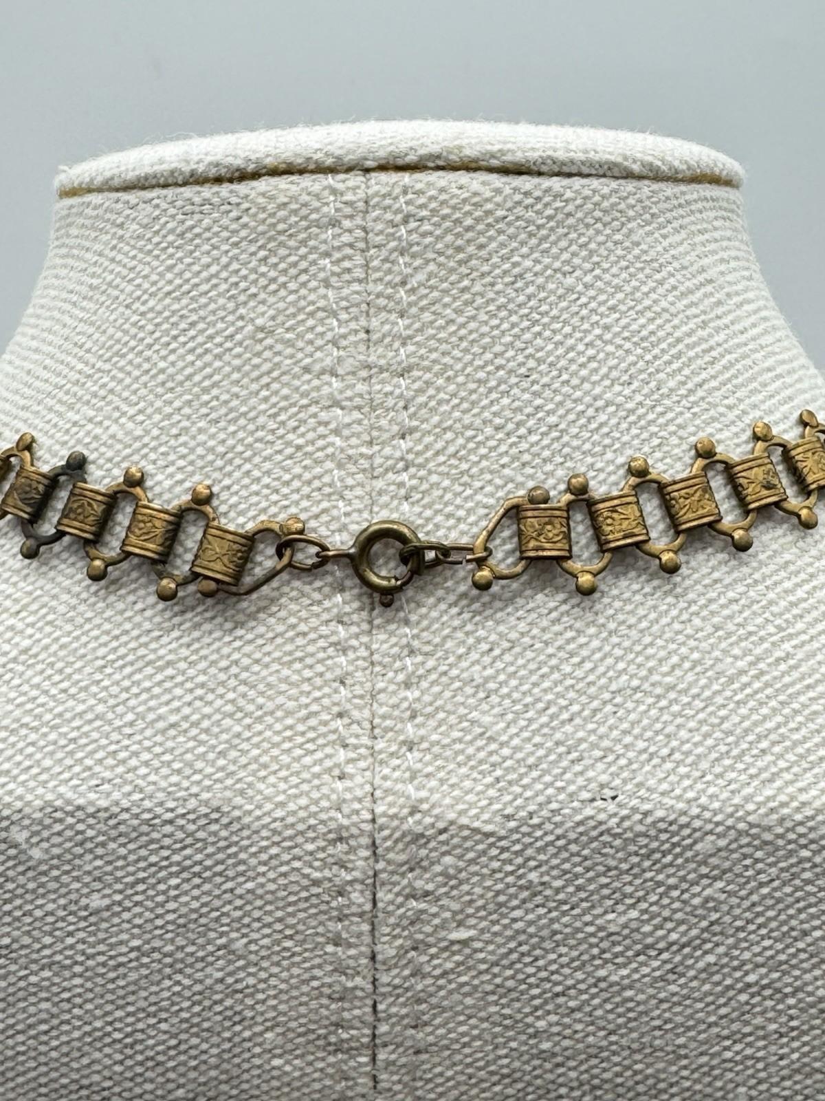 Victorian Revival Bookchain Necklace Brass Filigree Ball Drop Antique Jewelry