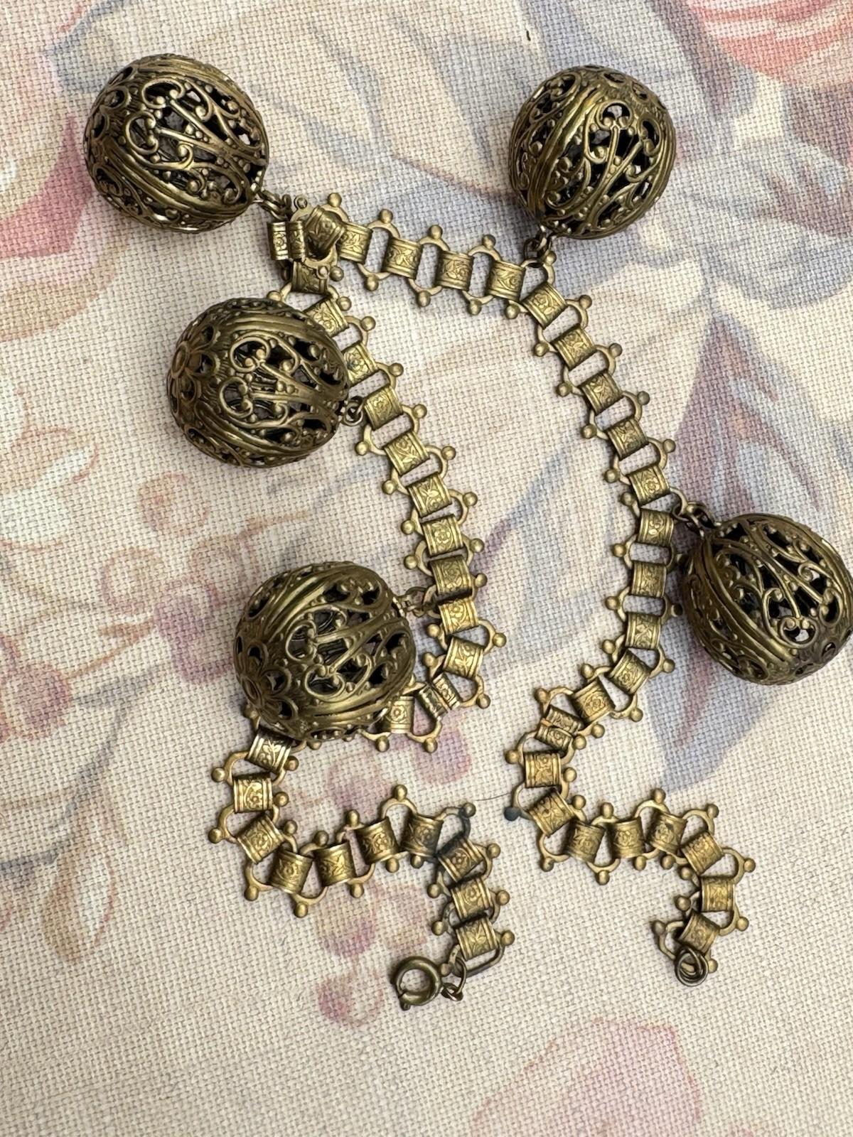 Victorian Revival Bookchain Necklace Brass Filigree Ball Drop Antique Jewelry