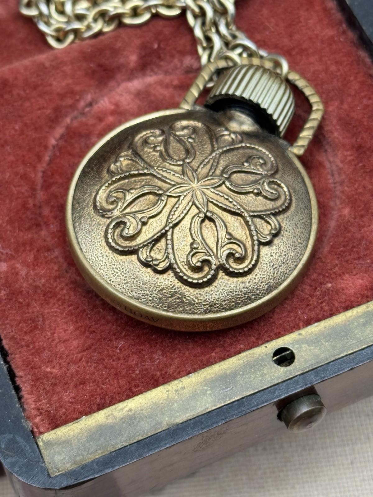 Avon Vintage Pendant Bottle Faux Watch Enamel Roman Numerals 32” Chain