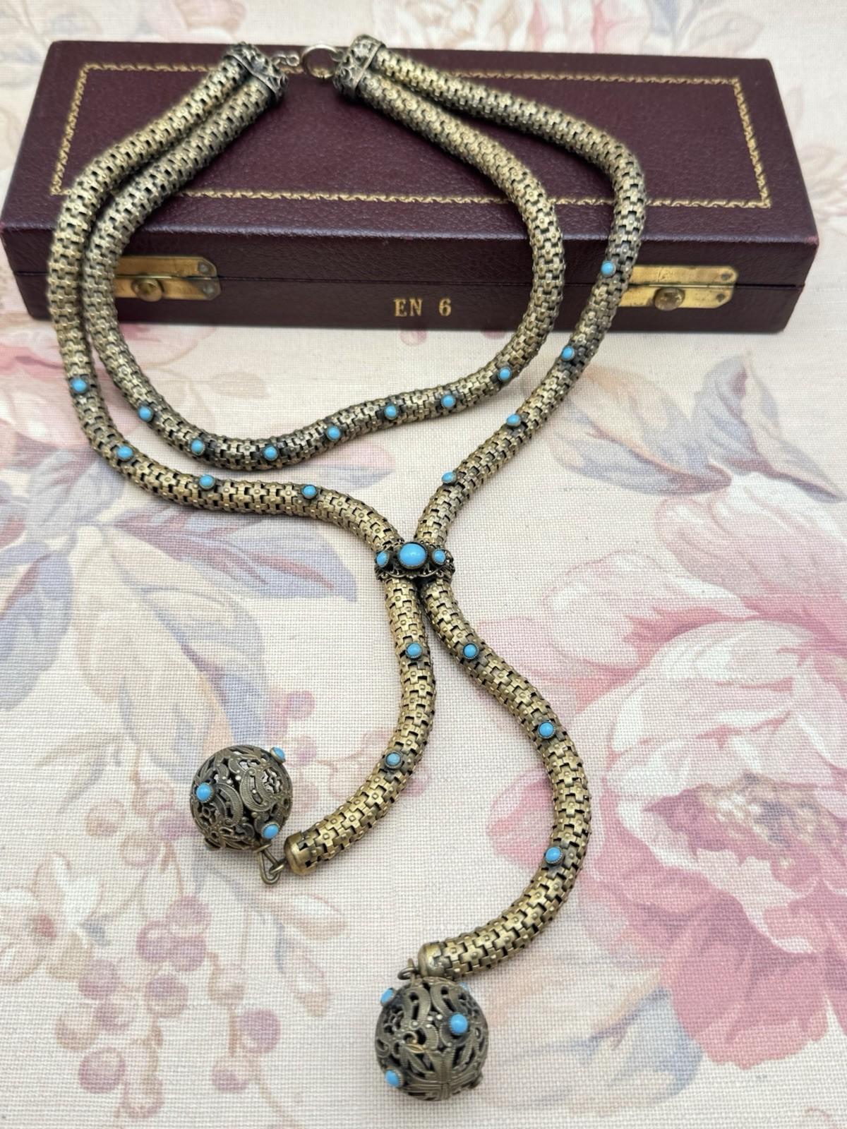 Victorian Necklace Etruscan Revival Brass Turquoise Glass c1890 Statement Piece