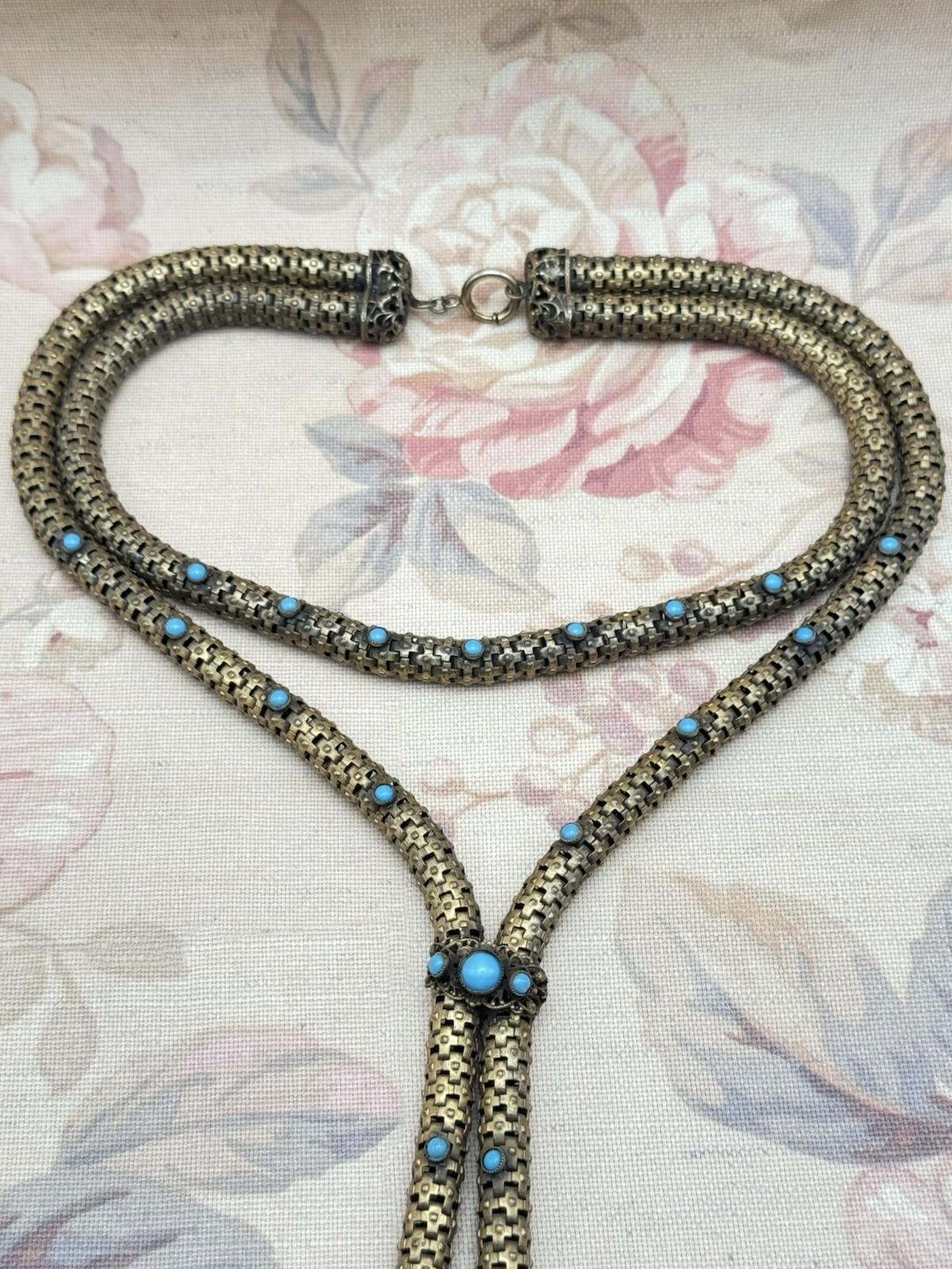 Victorian Necklace Etruscan Revival Brass Turquoise Glass c1890 Statement Piece