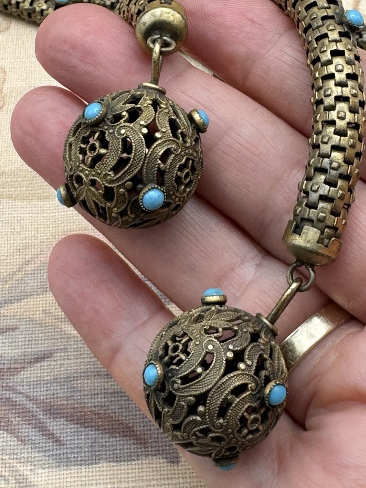 Victorian Necklace Etruscan Revival Brass Turquoise Glass c1890 Statement Piece