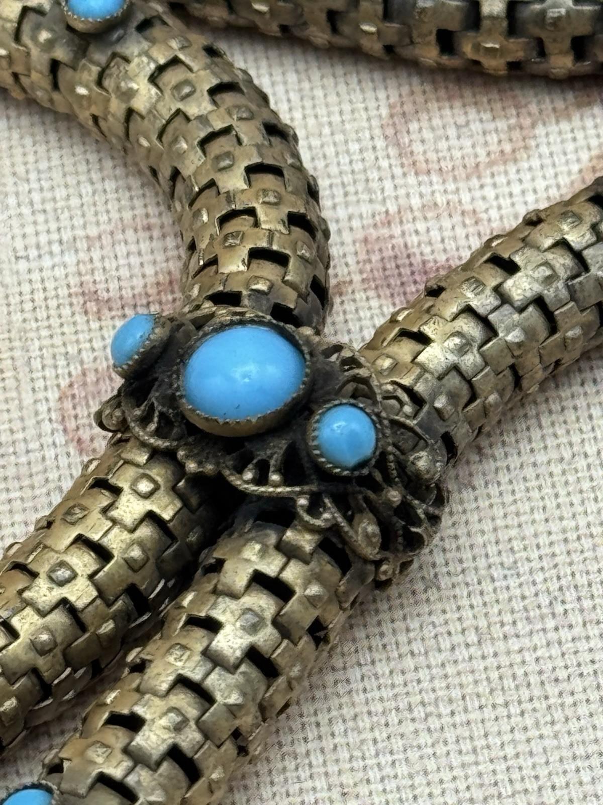 Victorian Necklace Etruscan Revival Brass Turquoise Glass c1890 Statement Piece