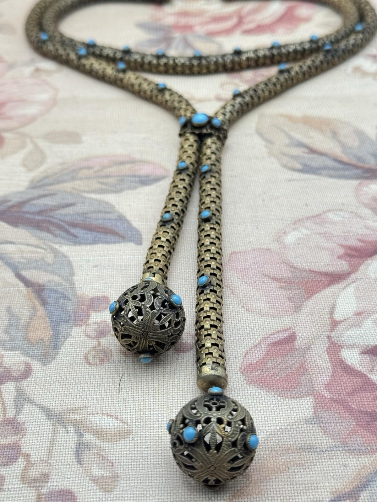 Victorian Necklace Etruscan Revival Brass Turquoise Glass c1890 Statement Piece