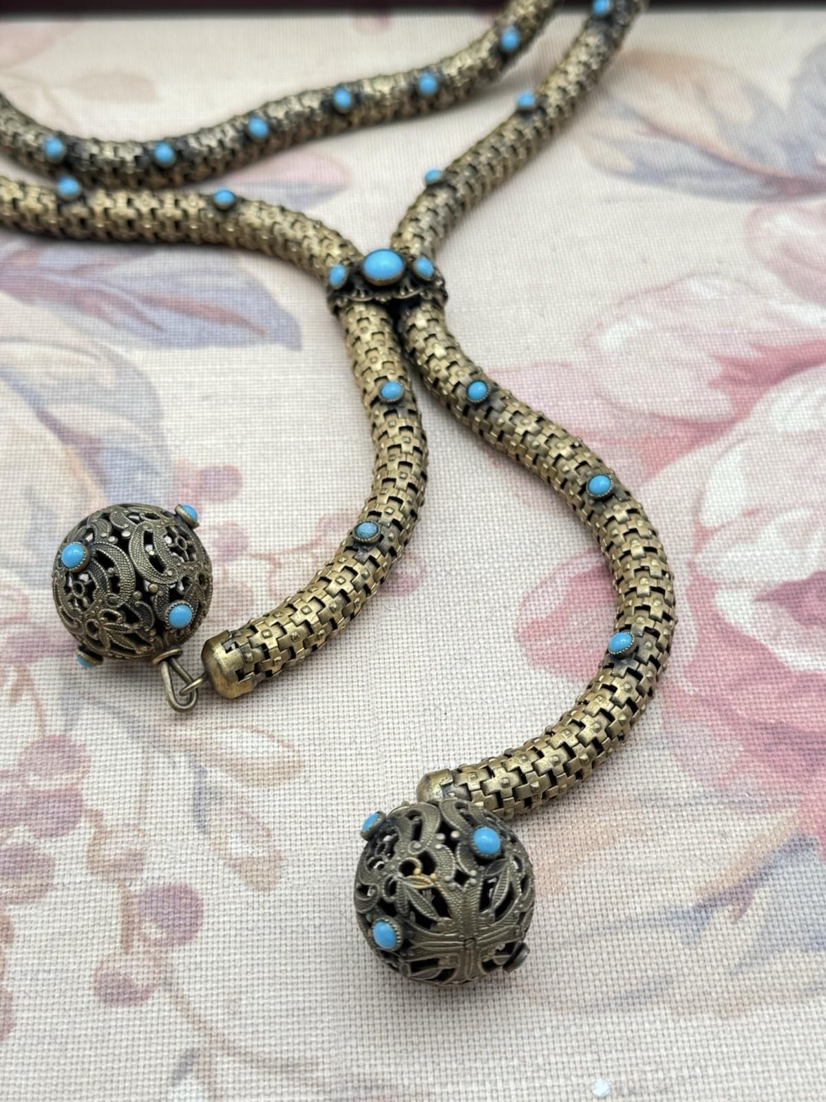 Victorian Necklace Etruscan Revival Brass Turquoise Glass c1890 Statement Piece