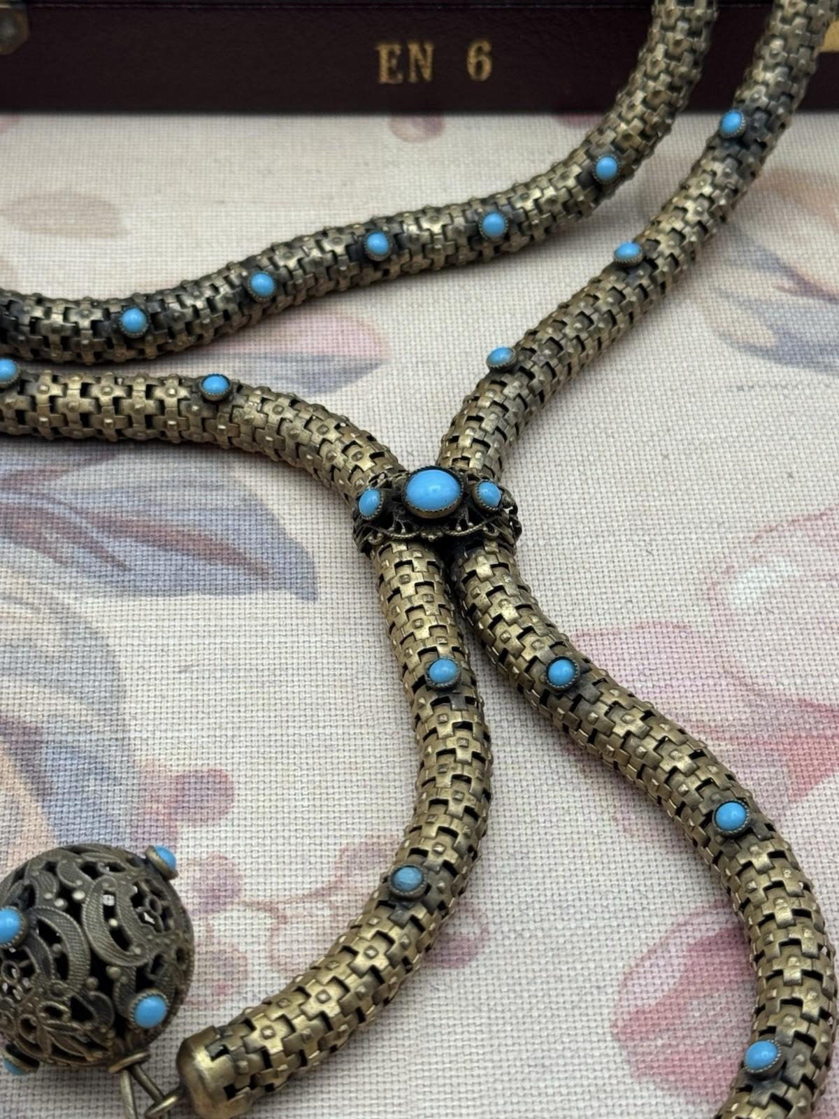 Victorian Necklace Etruscan Revival Brass Turquoise Glass c1890 Statement Piece