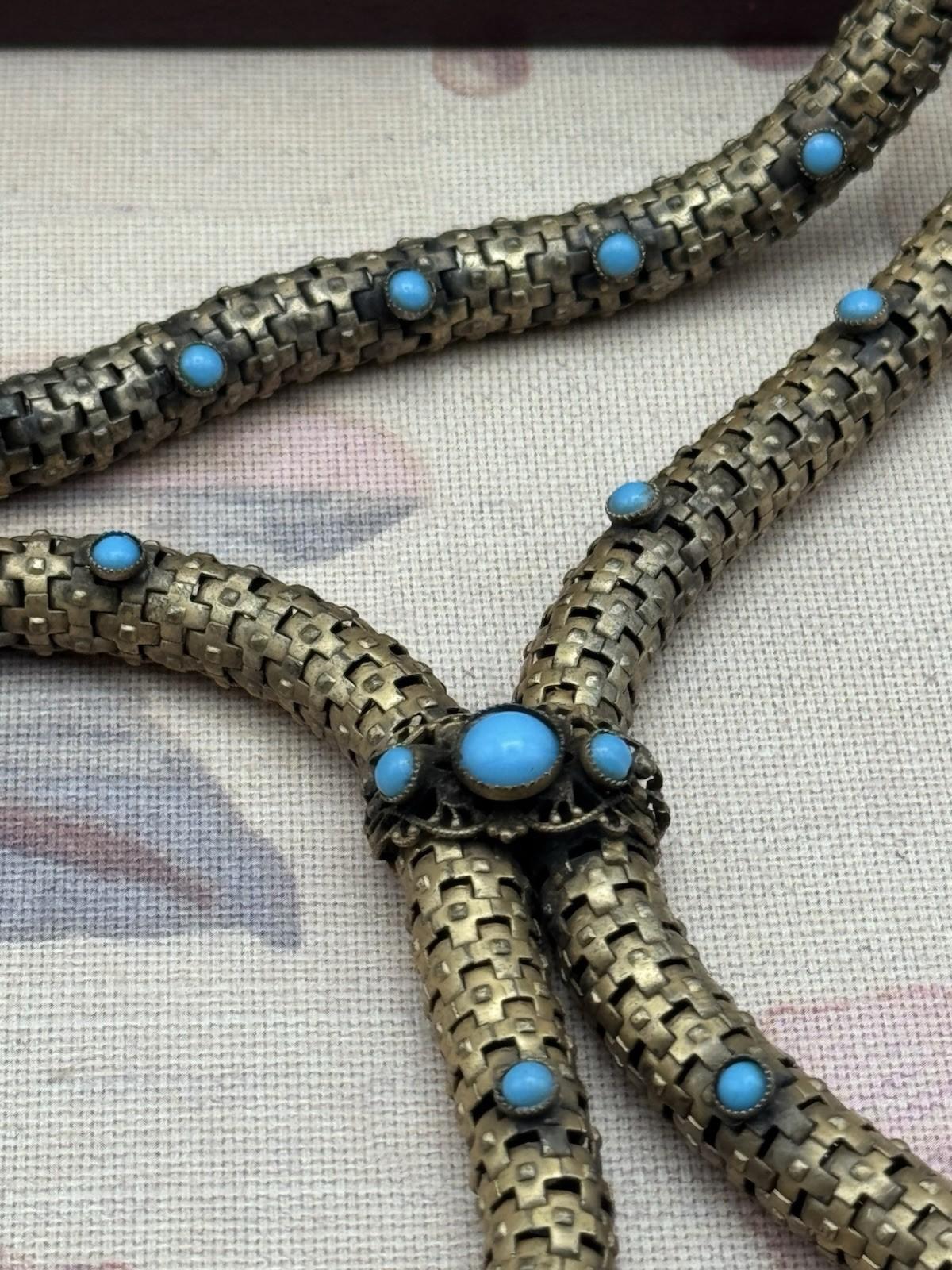Victorian Necklace Etruscan Revival Brass Turquoise Glass c1890 Statement Piece