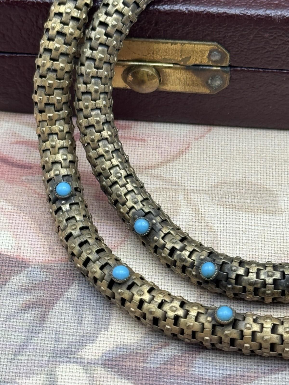 Victorian Necklace Etruscan Revival Brass Turquoise Glass c1890 Statement Piece