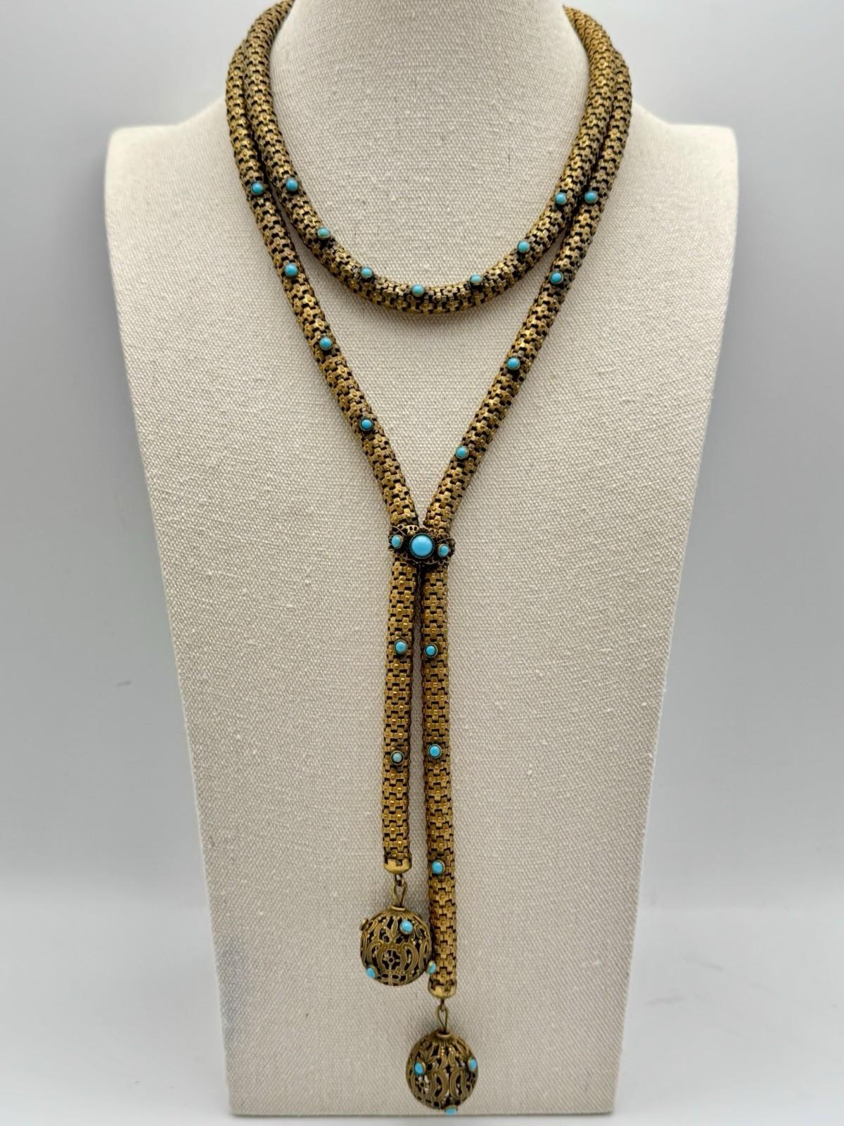 Victorian Necklace Etruscan Revival Brass Turquoise Glass c1890 Statement Piece