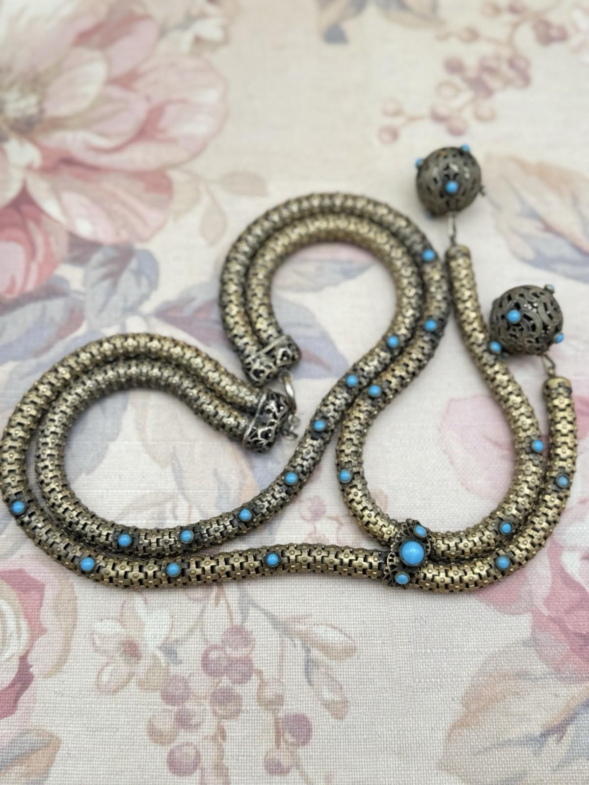 Victorian Necklace Etruscan Revival Brass Turquoise Glass c1890 Statement Piece