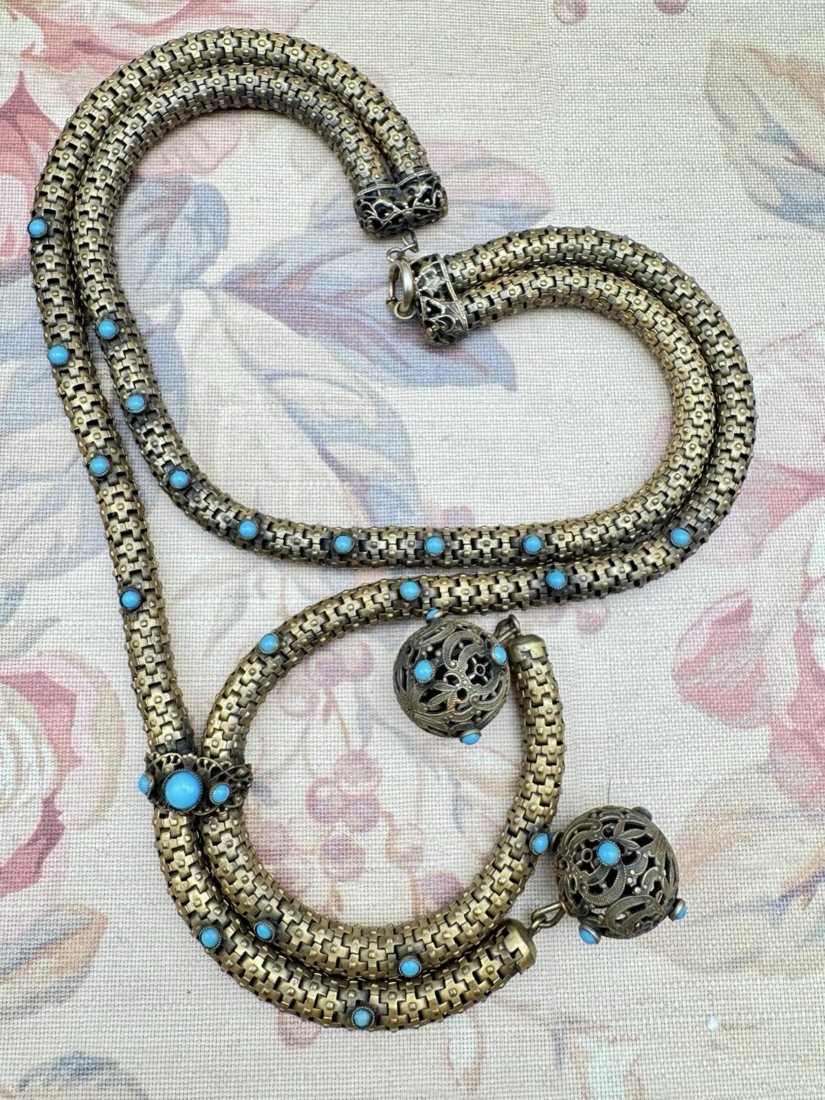 Victorian Necklace Etruscan Revival Brass Turquoise Glass c1890 Statement Piece