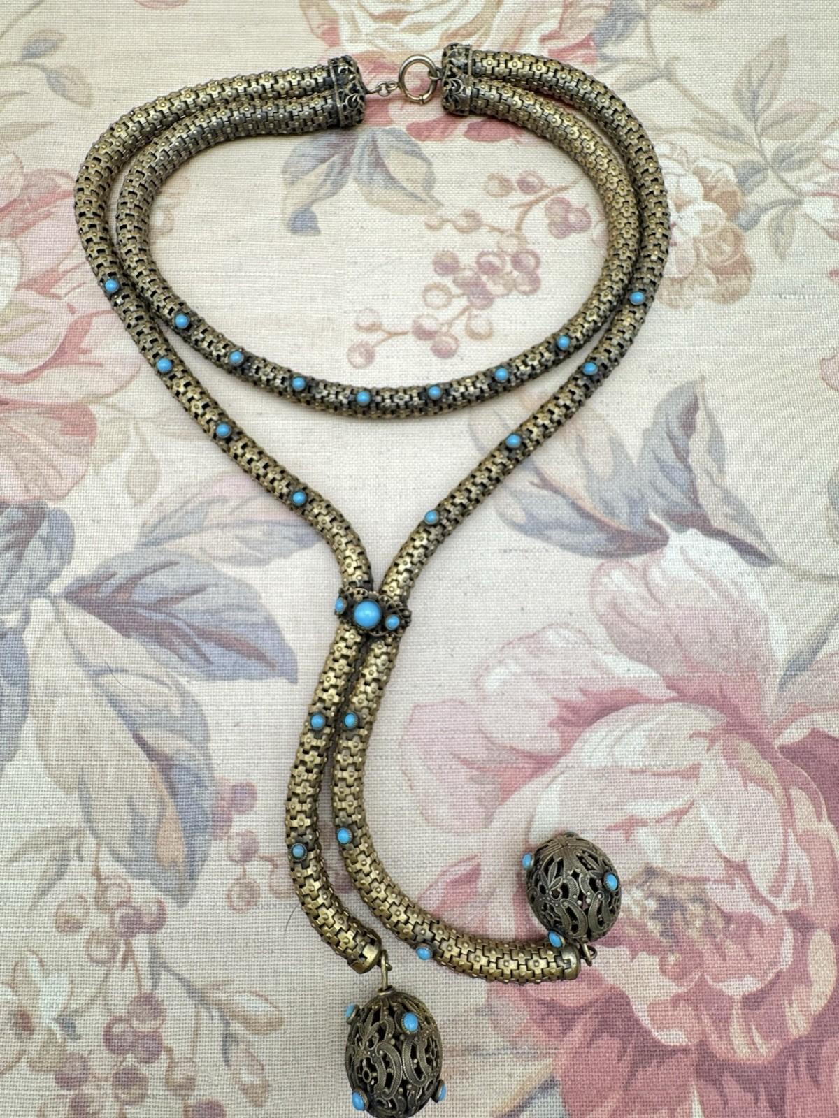Victorian Necklace Etruscan Revival Brass Turquoise Glass c1890 Statement Piece