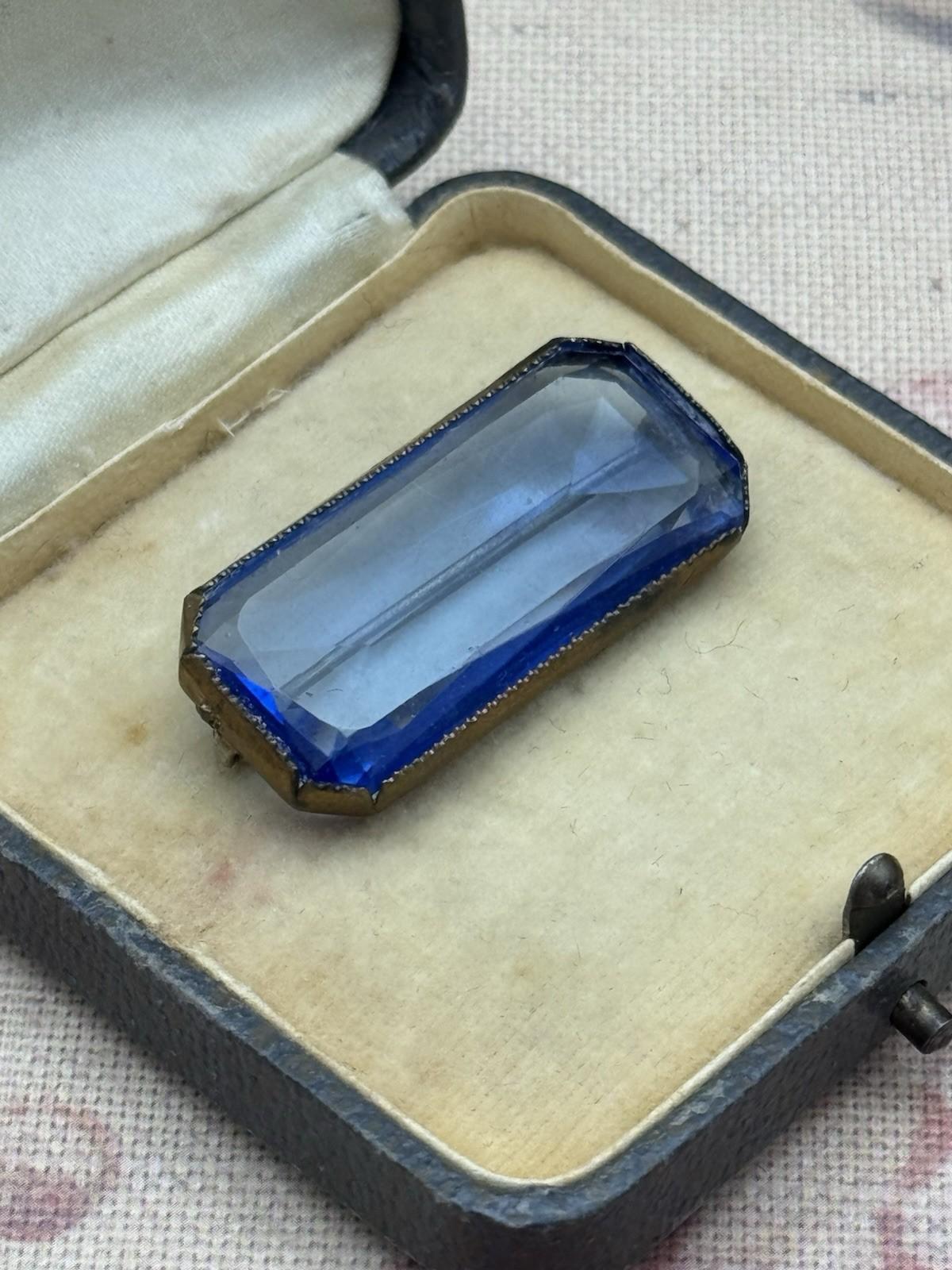 Antique Brooch Art Deco Style Blue Glass Bar Pin ca. 1.38” x 0.67”