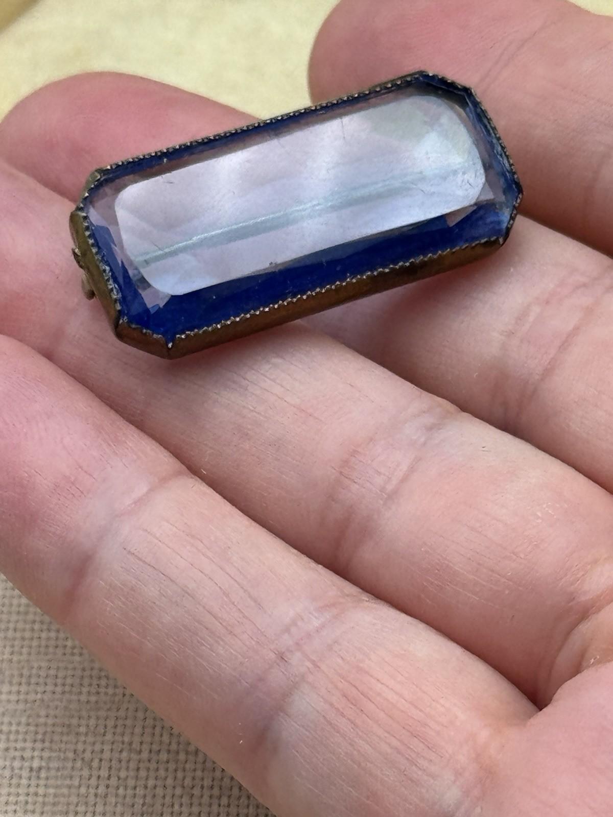 Antique Brooch Art Deco Style Blue Glass Bar Pin ca. 1.38” x 0.67”
