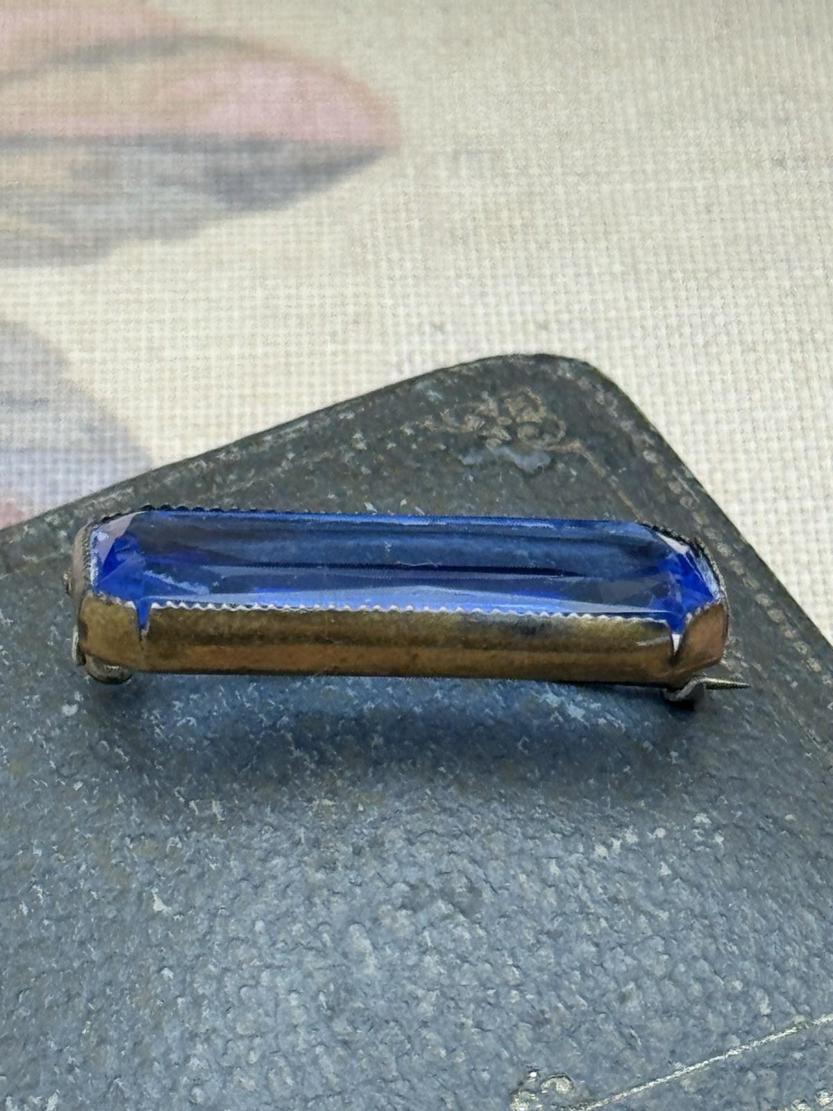 Antique Brooch Art Deco Style Blue Glass Bar Pin ca. 1.38” x 0.67”