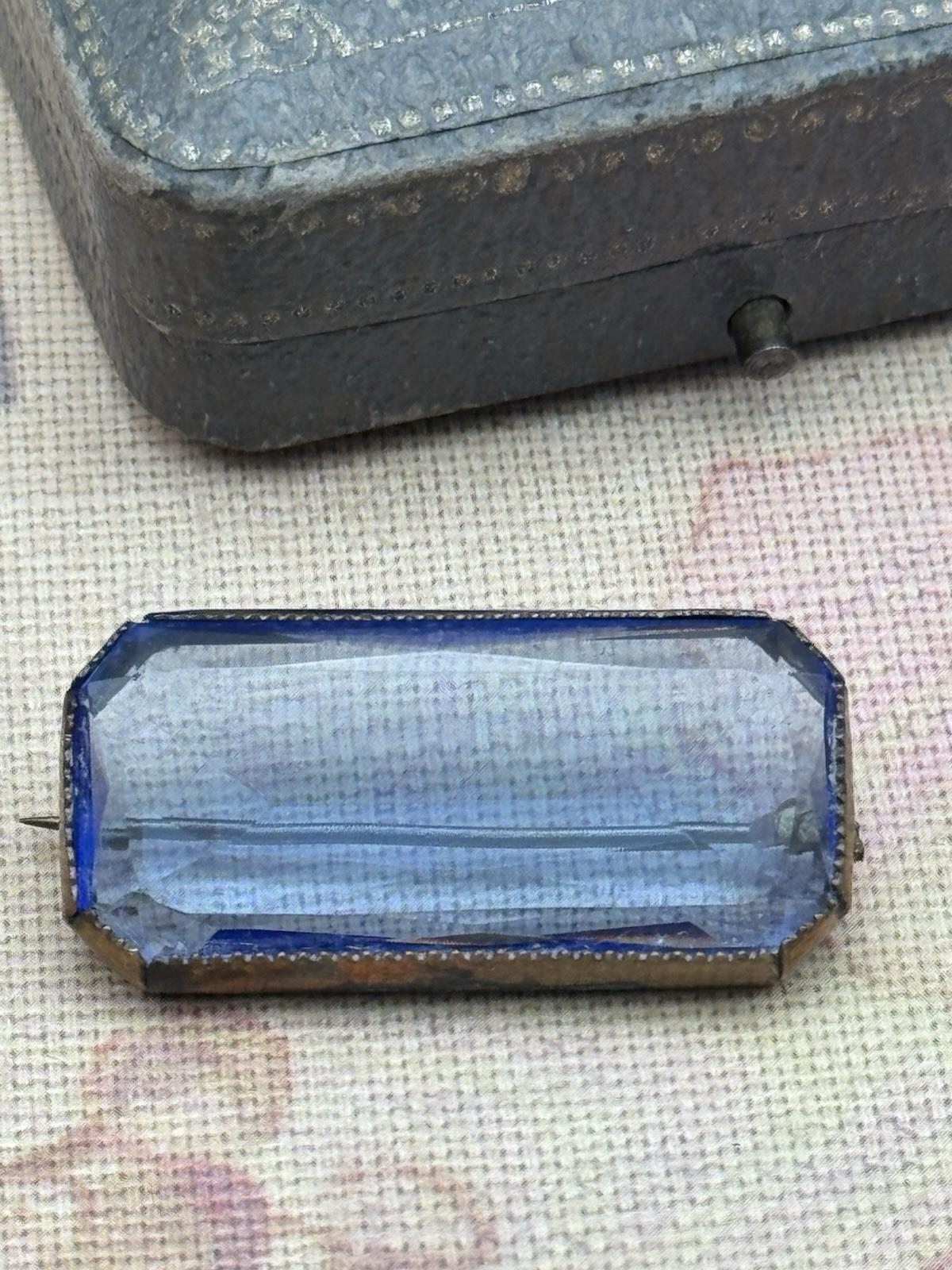 Antique Brooch Art Deco Style Blue Glass Bar Pin ca. 1.38” x 0.67”