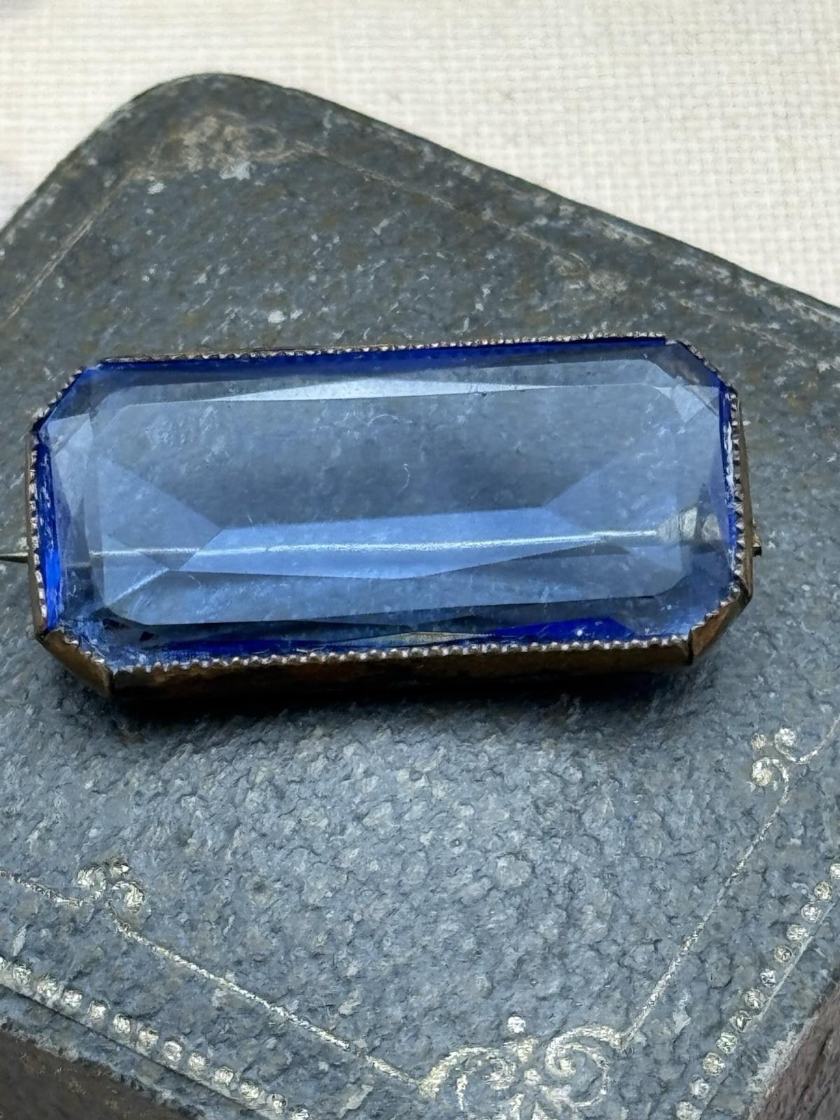 Antique Brooch Art Deco Style Blue Glass Bar Pin ca. 1.38” x 0.67”